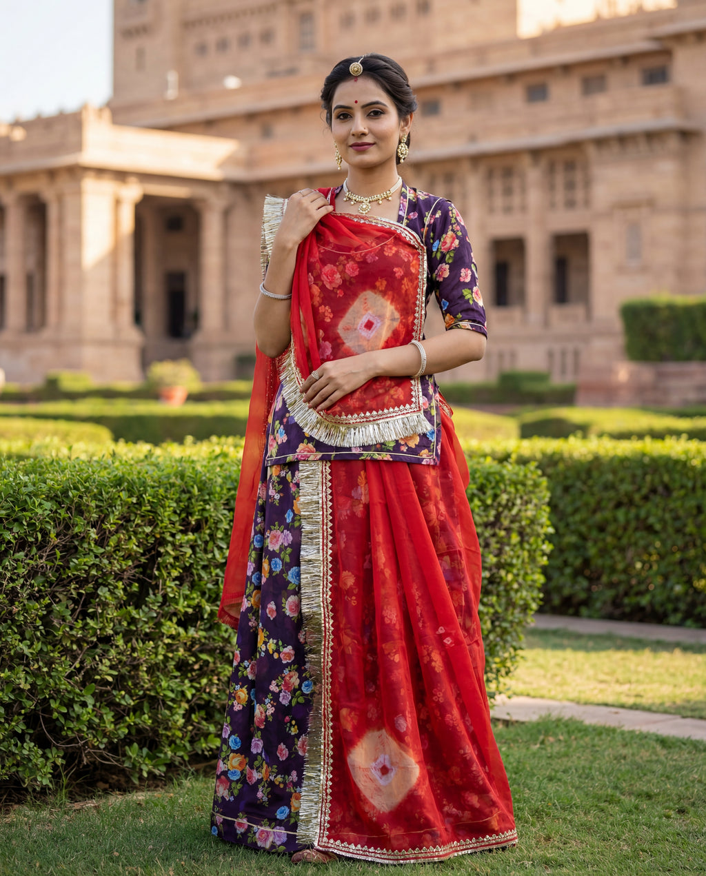 'Jamuni Bagh' - Deep Purple Floral Print Rajputi Suit Set + Kesariya Tie-Dye Odhani