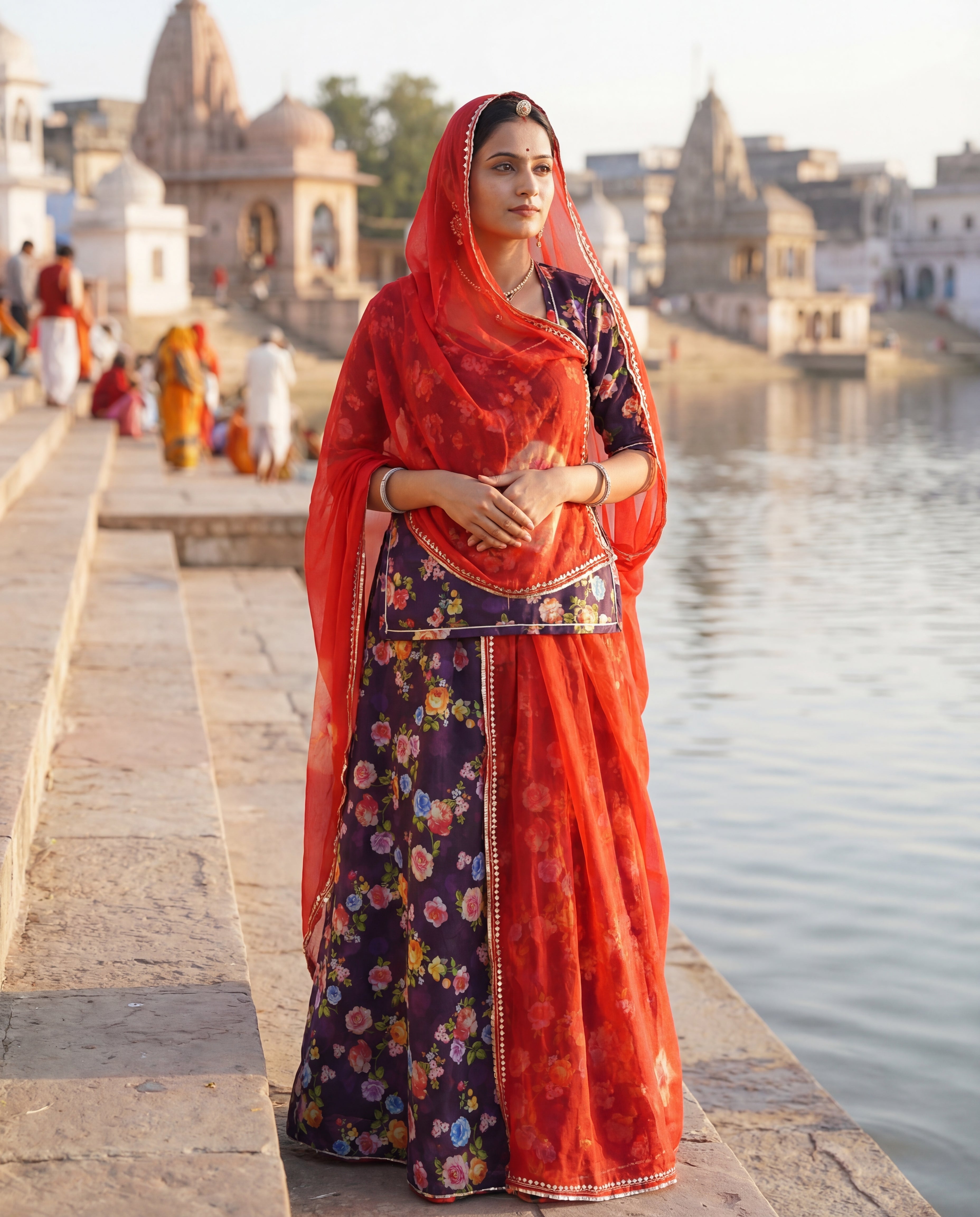 'Jamuni Bagh' - Deep Purple Floral Print Rajputi Suit Set + Kesariya Tie-Dye Odhani