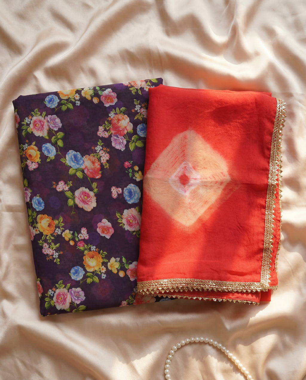 'Jamuni Bagh' - Deep Purple Floral Print Rajputi Suit Set + Kesariya Tie-Dye Odhani