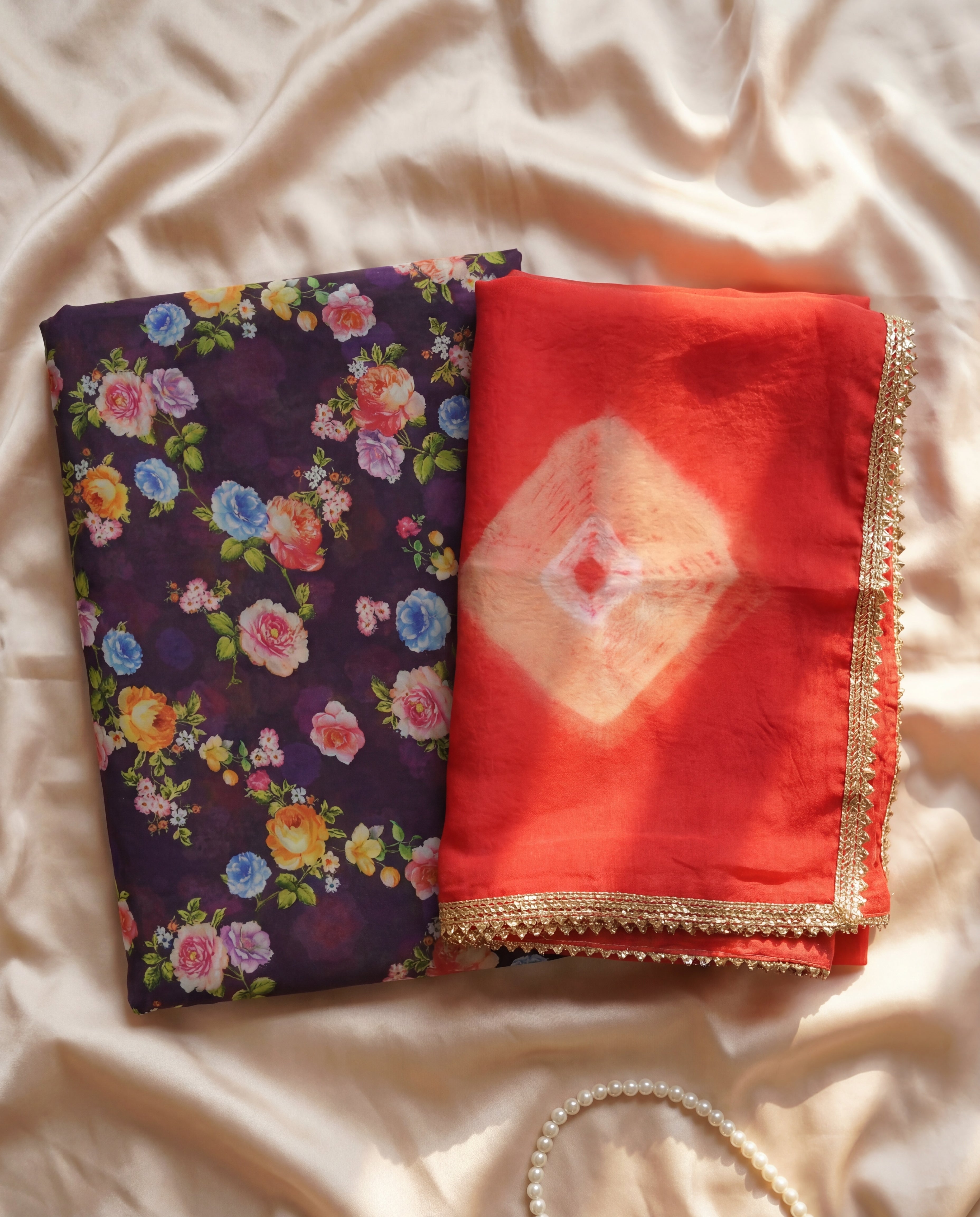 'Jamuni Bagh' - Deep Purple Floral Print Rajputi Suit Set + Kesariya Tie-Dye Odhani