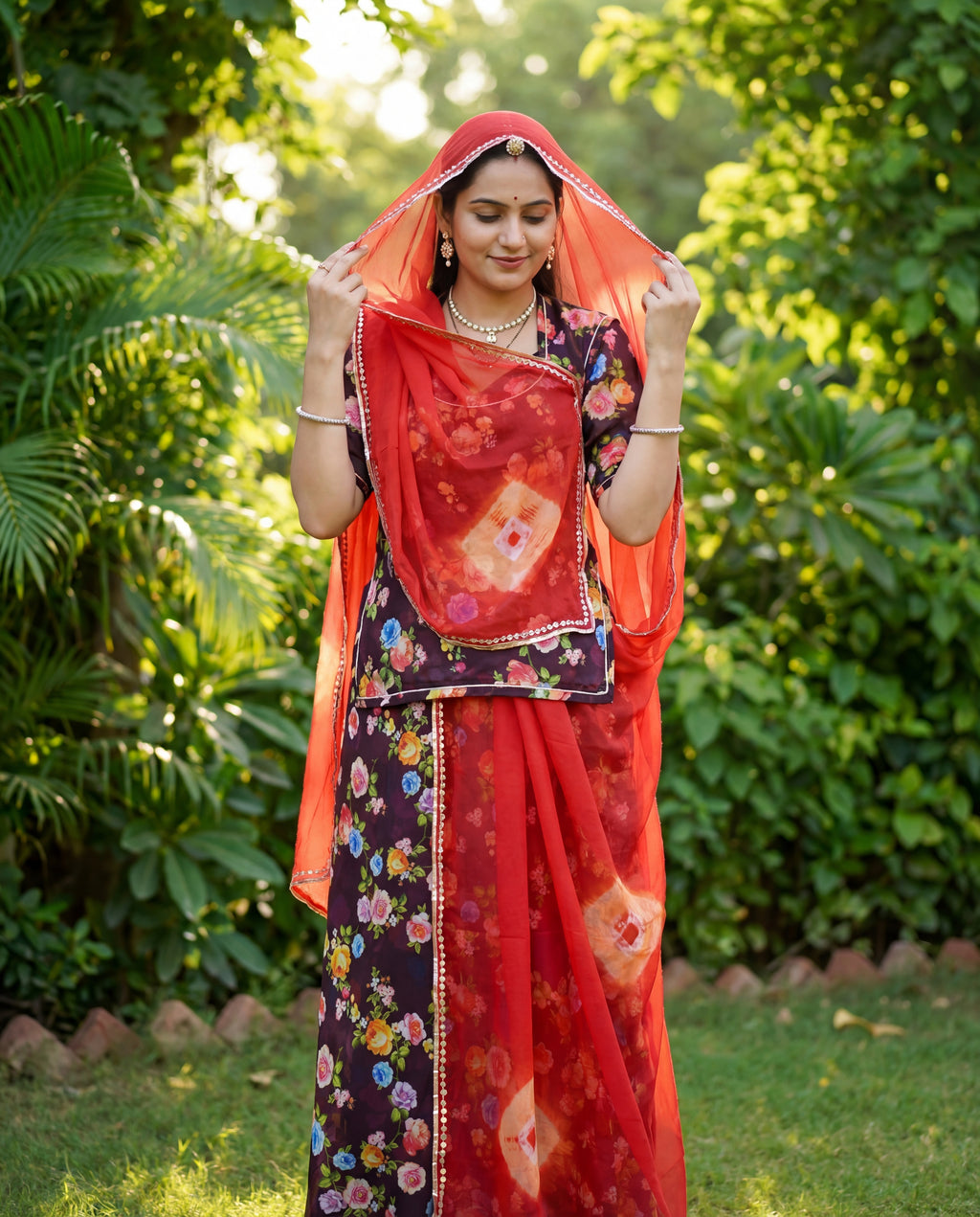'Jamuni' - Deep Wine Floral Print Rajputi Suit Set + Coral Tie-Dye Odhani