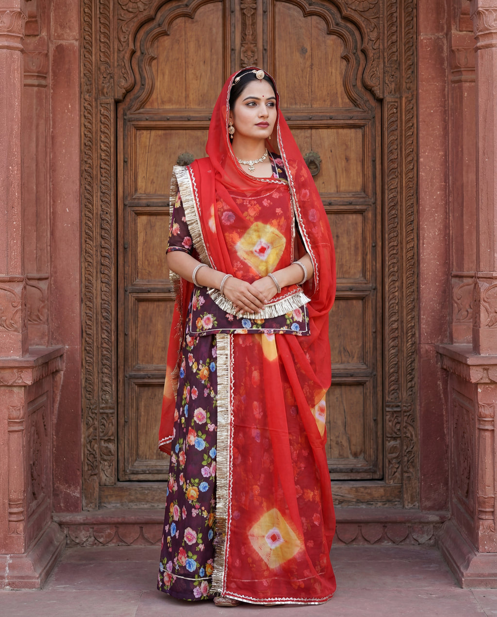 'Jamuni' - Deep Wine Floral Print Rajputi Suit Set + Coral Tie-Dye Odhani
