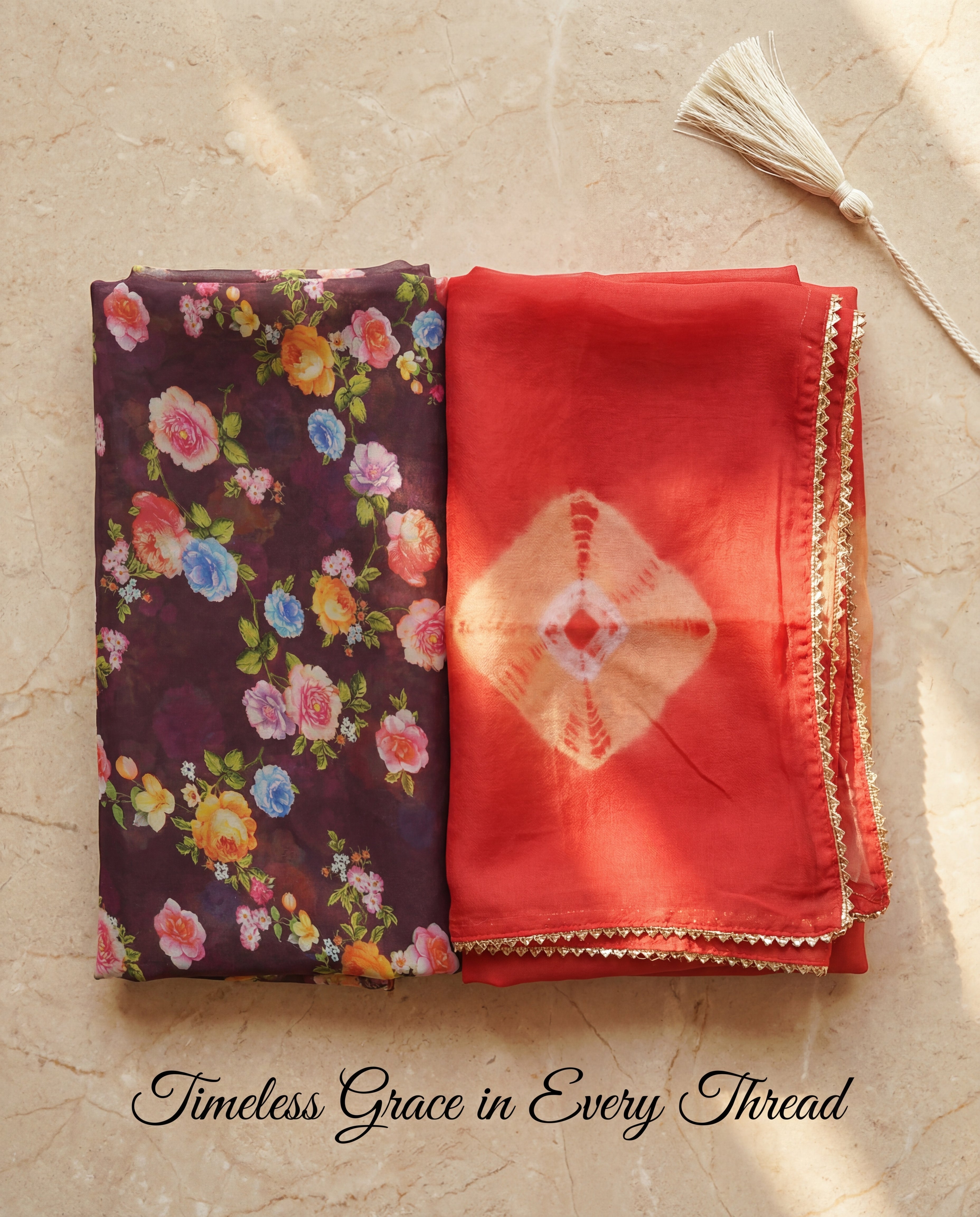 'Jamuni' - Deep Wine Floral Print Rajputi Suit Set + Coral Tie-Dye Odhani