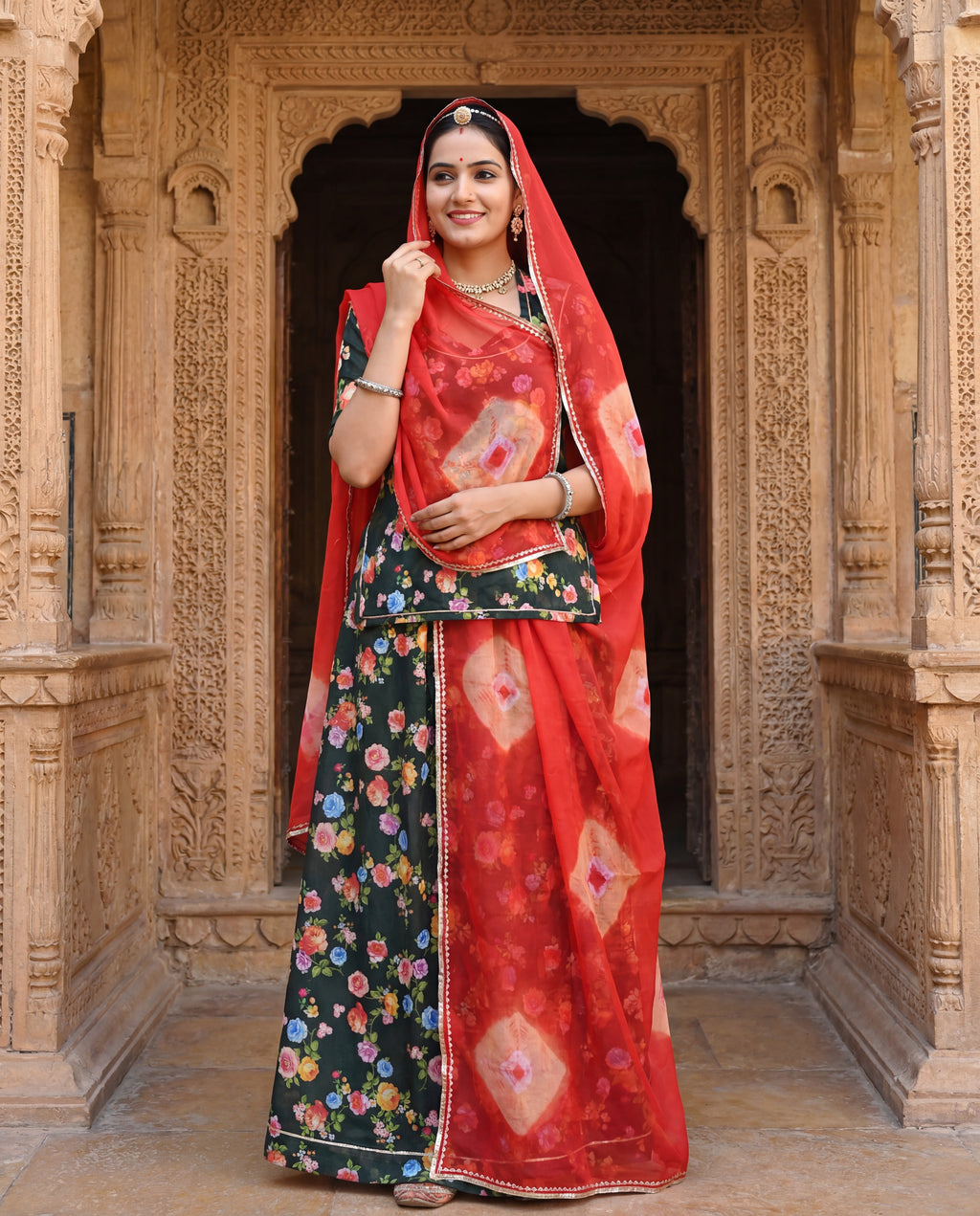 'Sojat' - Dark Mehandi Multi-Floral Print Rajputi Suit Set + Red Bandhej Odhani