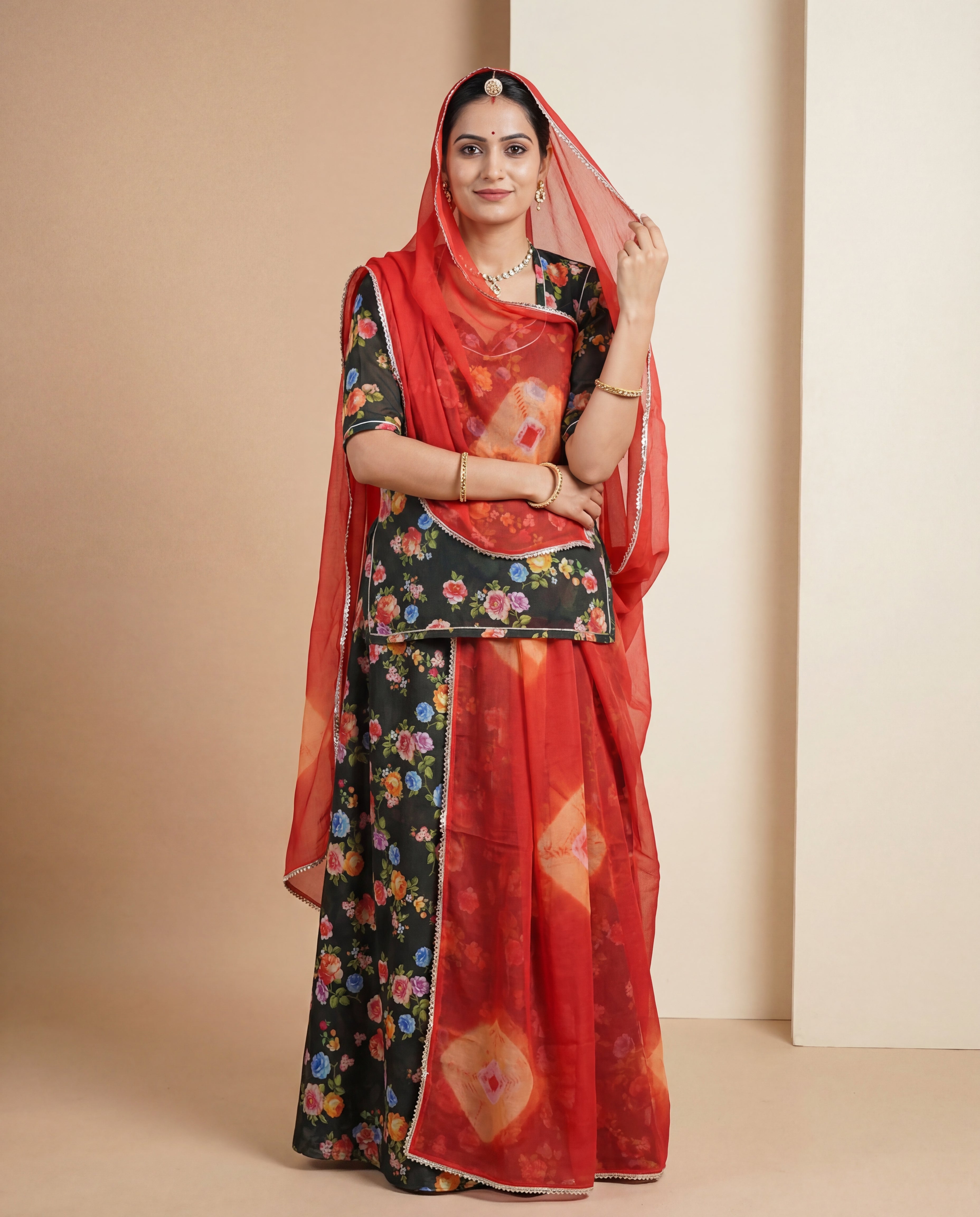 'Sojat' - Dark Mehandi Multi-Floral Print Rajputi Suit Set + Red Bandhej Odhani