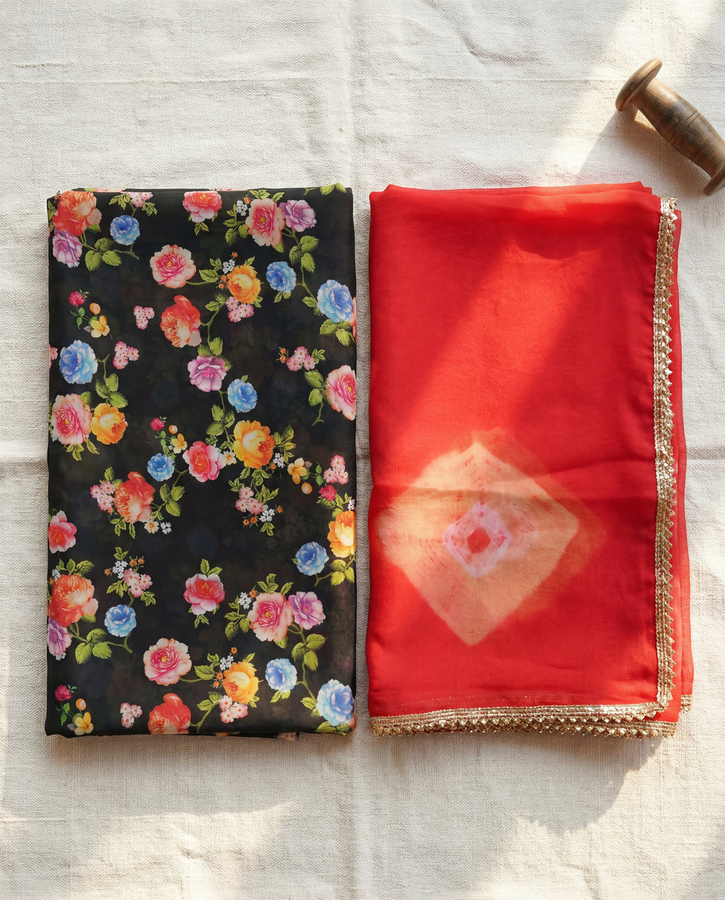 'Sojat' - Dark Mehandi Multi-Floral Print Rajputi Suit Set + Red Bandhej Odhani