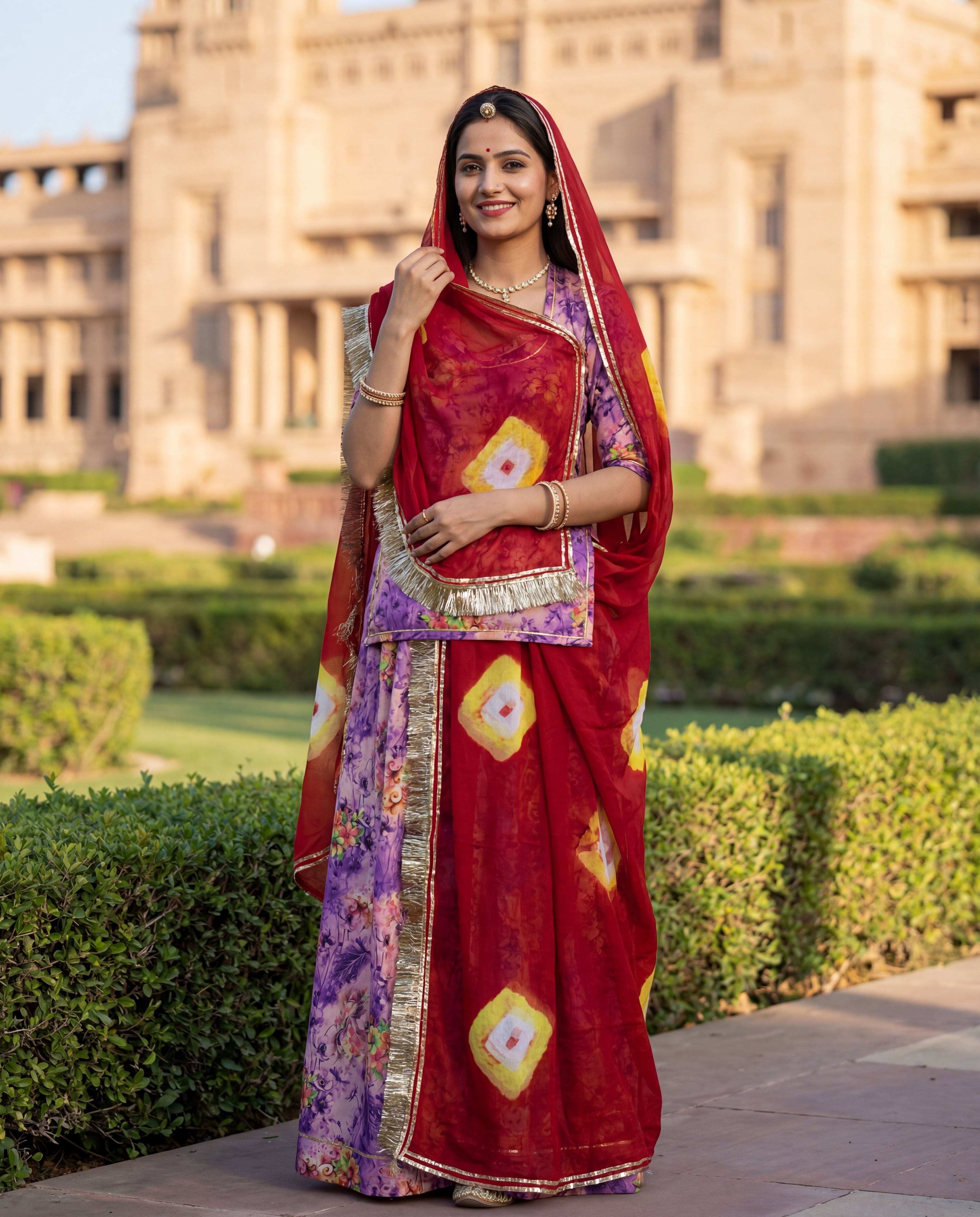 'Jamuni Bagh' - Lavender Floral Print Rajputi Suit Set + Red Bandhani Odhani