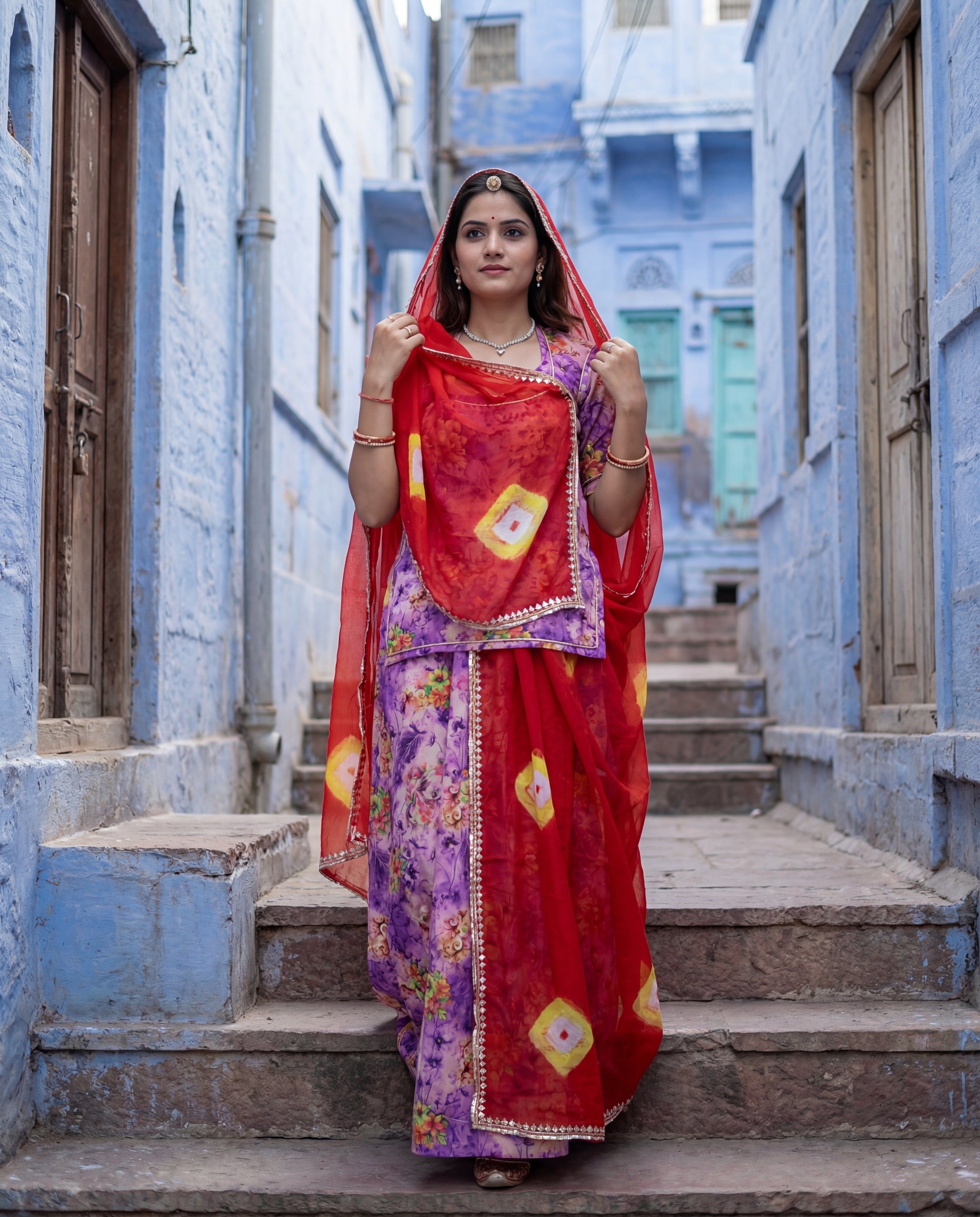 'Jamuni Bagh' - Lavender Floral Print Rajputi Suit Set + Red Bandhani Odhani