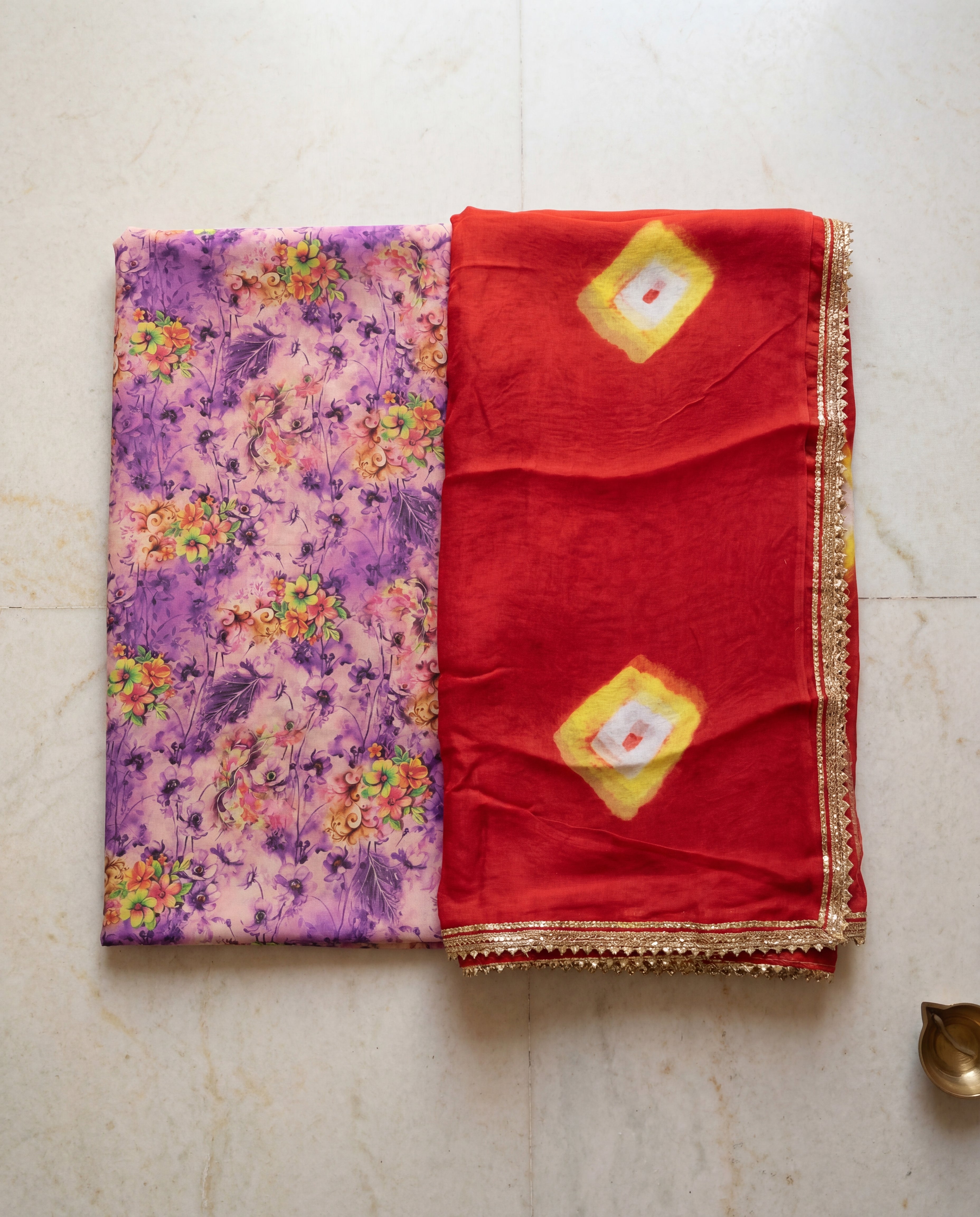 'Jamuni Bagh' - Lavender Floral Print Rajputi Suit Set + Red Bandhani Odhani