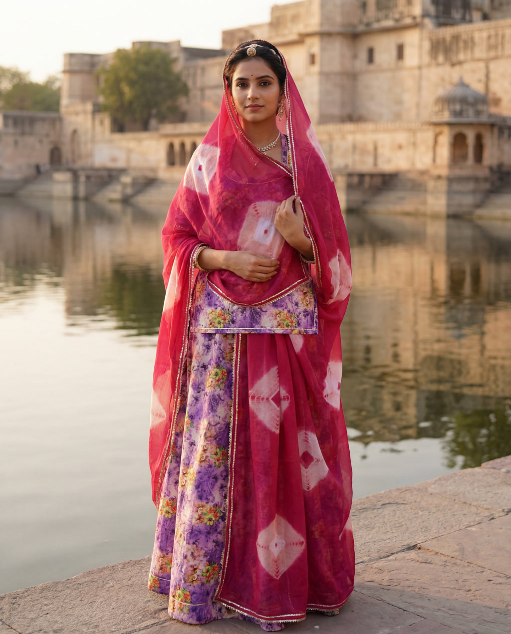 'Jamuni' - Lavender Purple Floral Print Rajputi Suit Set + Rani Pink Shibori Odhani