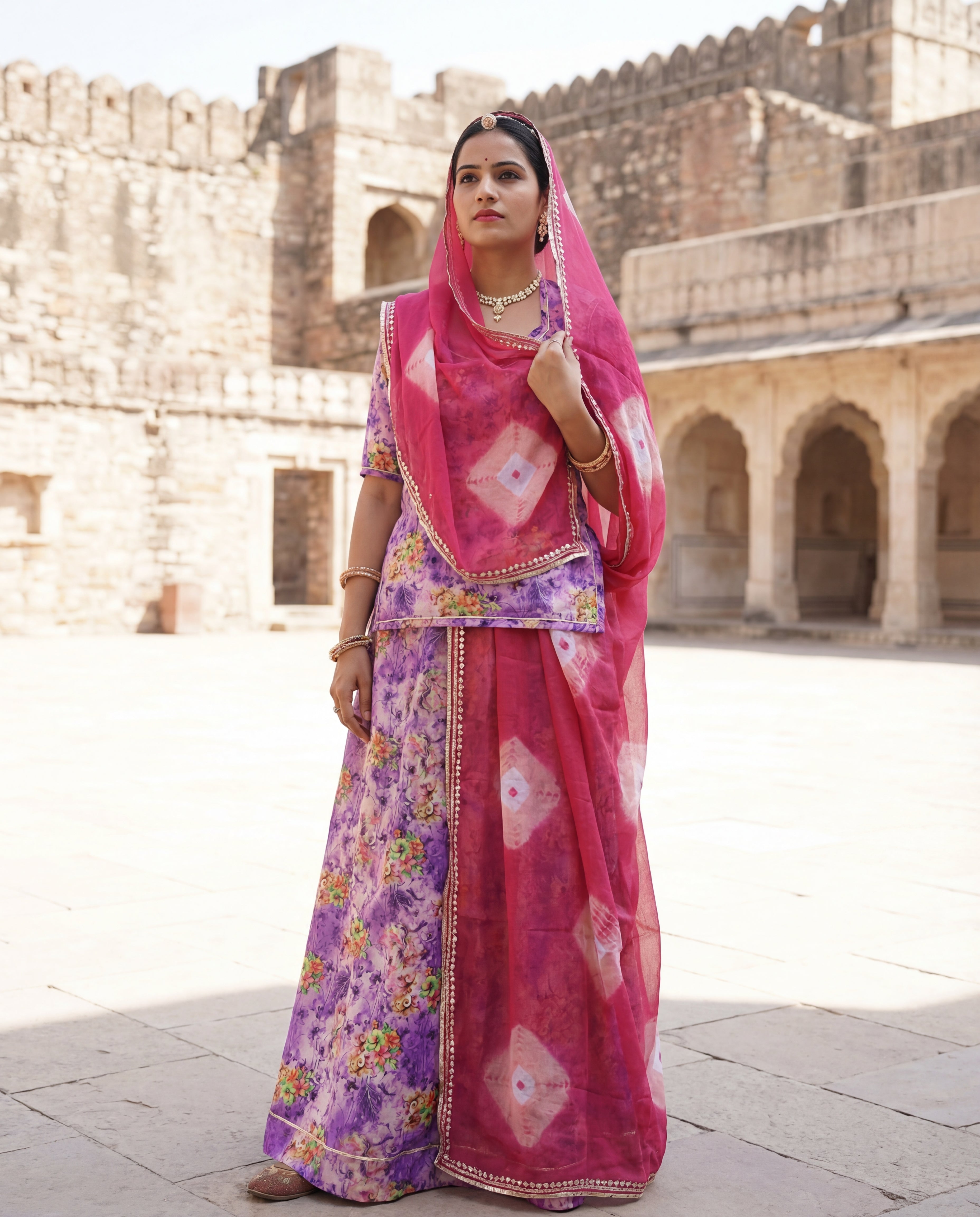 'Jamuni' - Lavender Purple Floral Print Rajputi Suit Set + Rani Pink Shibori Odhani