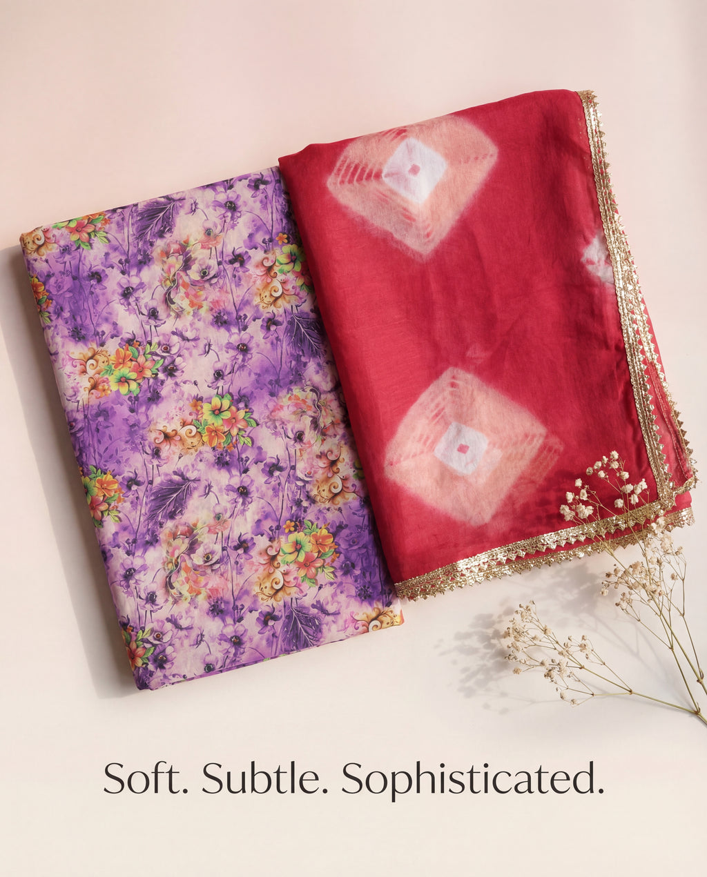 'Jamuni' - Lavender Purple Floral Print Rajputi Suit Set + Rani Pink Shibori Odhani