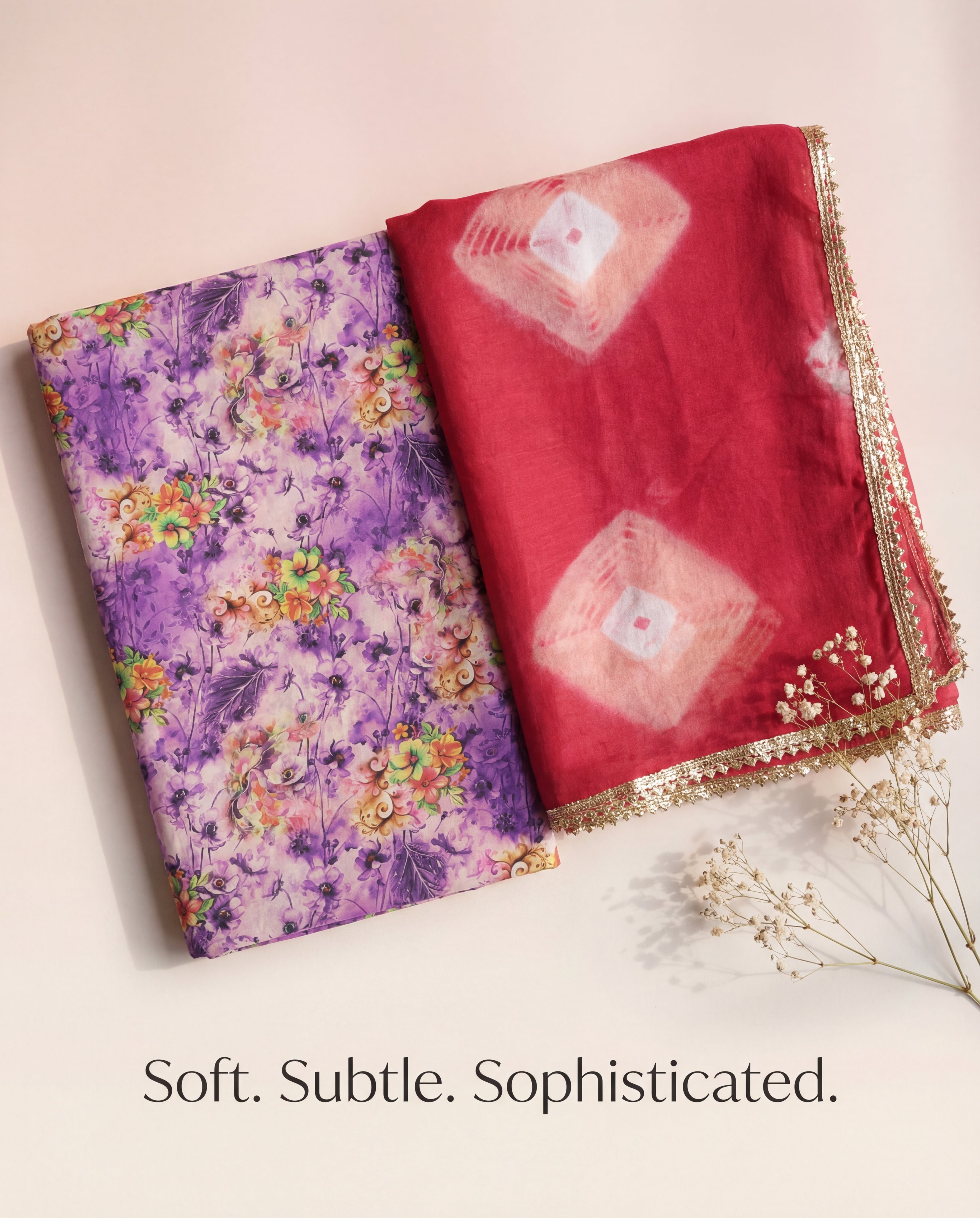 'Jamuni' - Lavender Purple Floral Print Rajputi Suit Set + Rani Pink Shibori Odhani