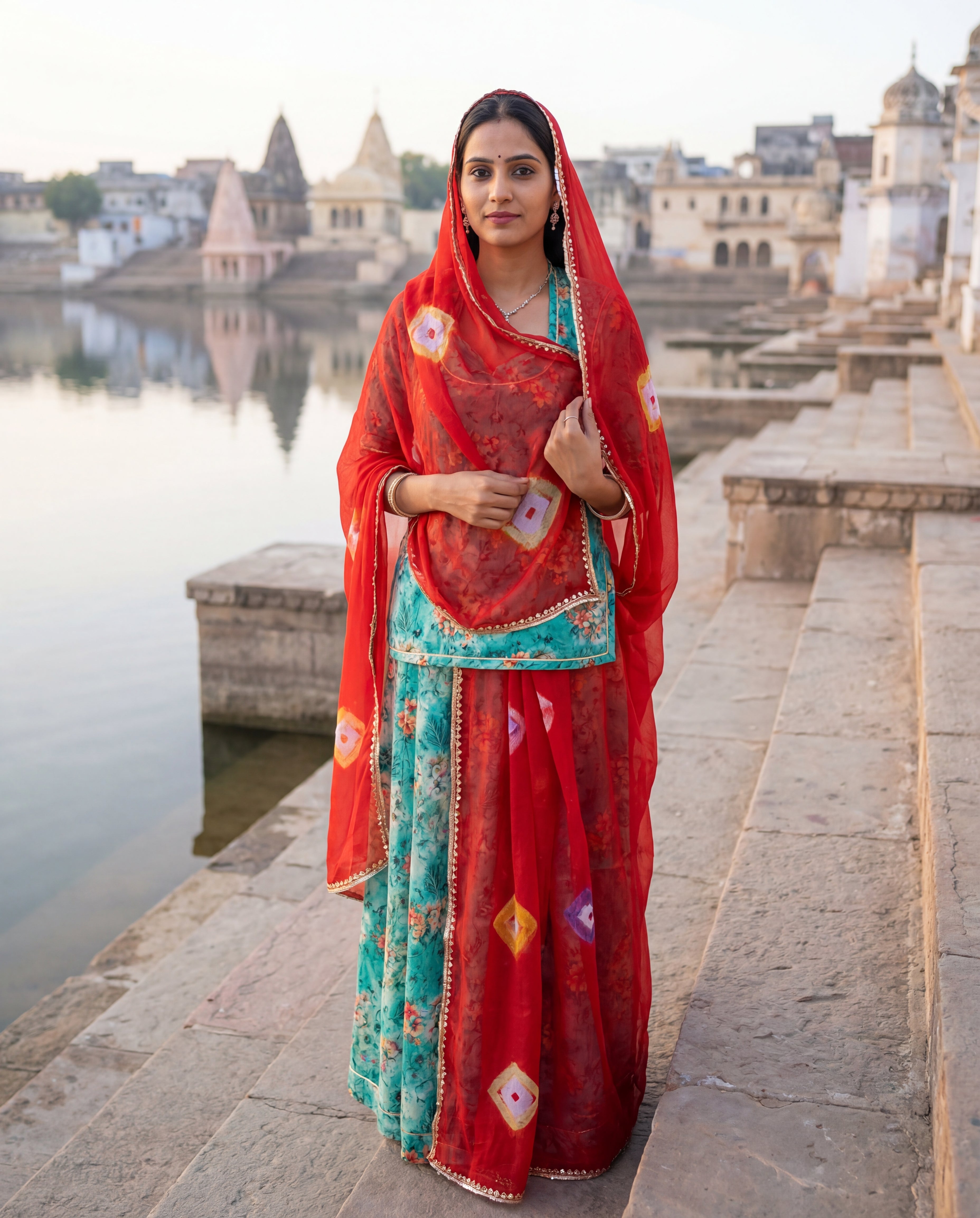 'Firoza' - Sea Green Floral Print Rajputi Suit Set + Deep Red Odhani