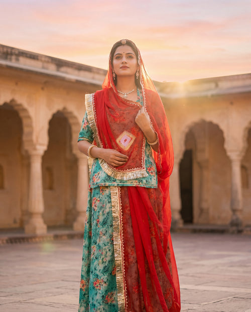 'Firoza' - Sea Green Floral Print Rajputi Suit Set + Deep Red Odhani