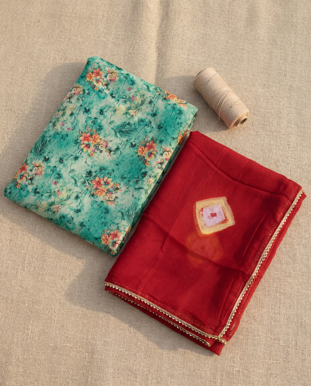 'Firoza' - Sea Green Floral Print Rajputi Suit Set + Deep Red Odhani