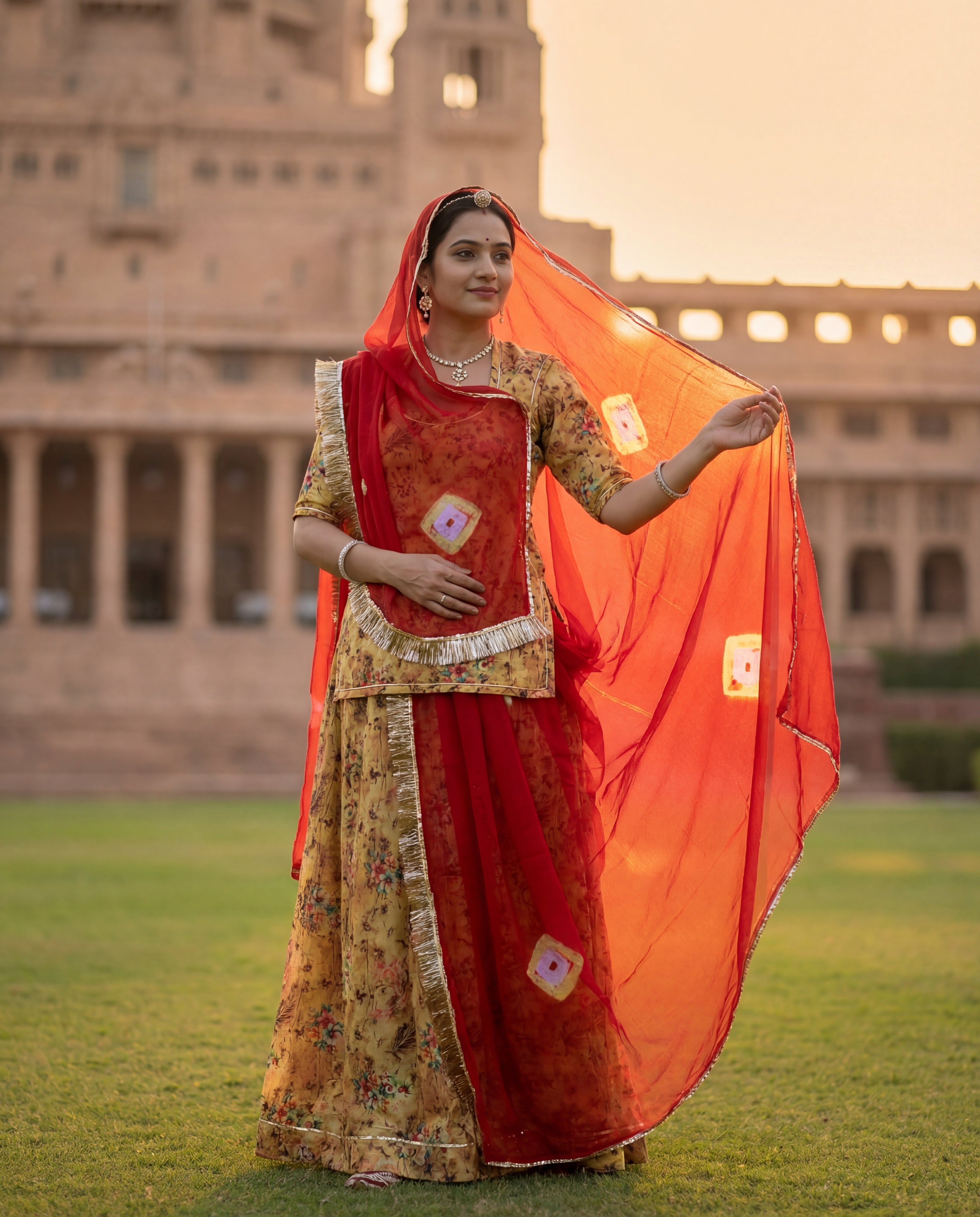 'Kesar' - Mustard Yellow Floral Rajputi Suit Set + Red Bandhej Odhani