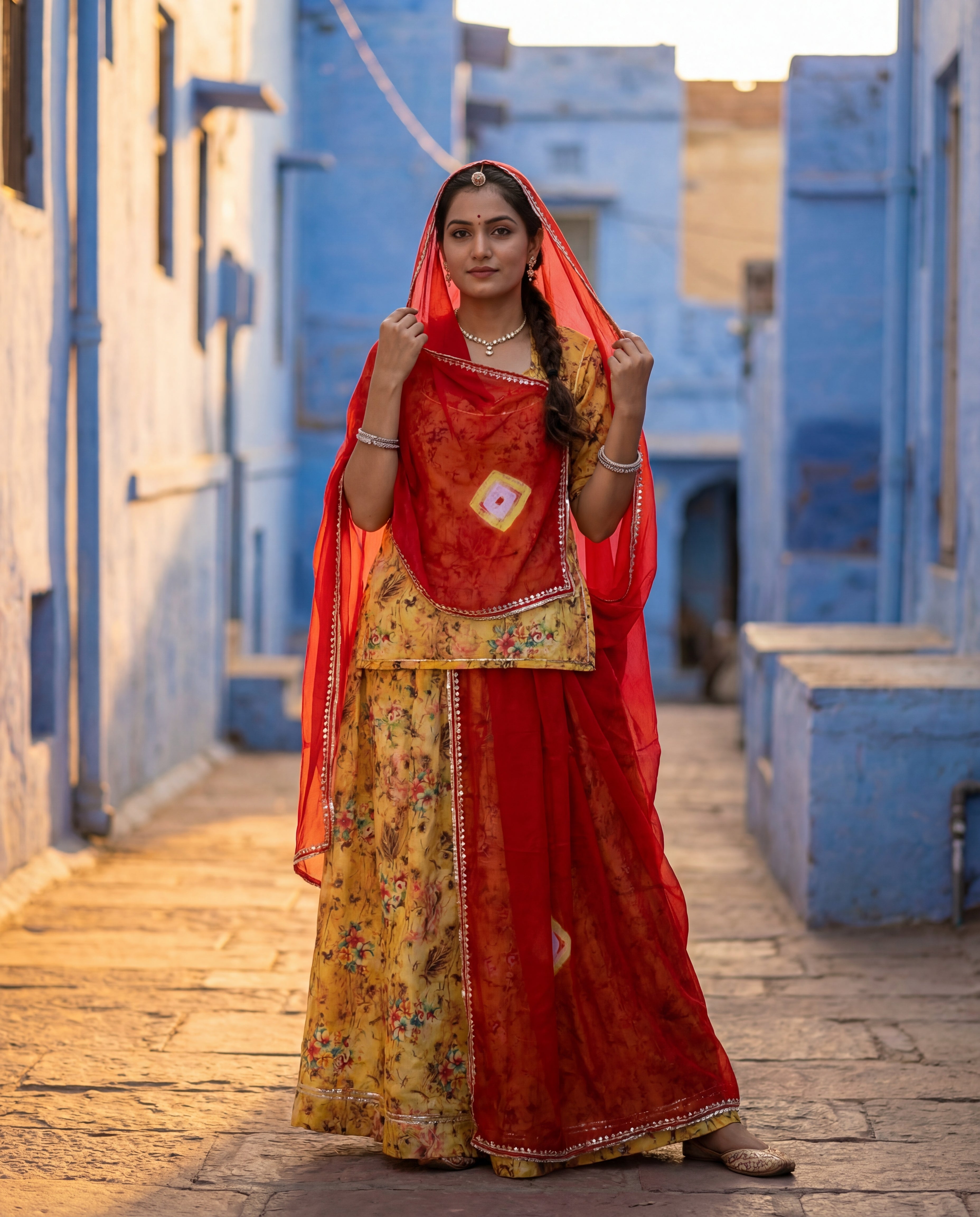 'Kesar' - Mustard Yellow Floral Rajputi Suit Set + Red Bandhej Odhani