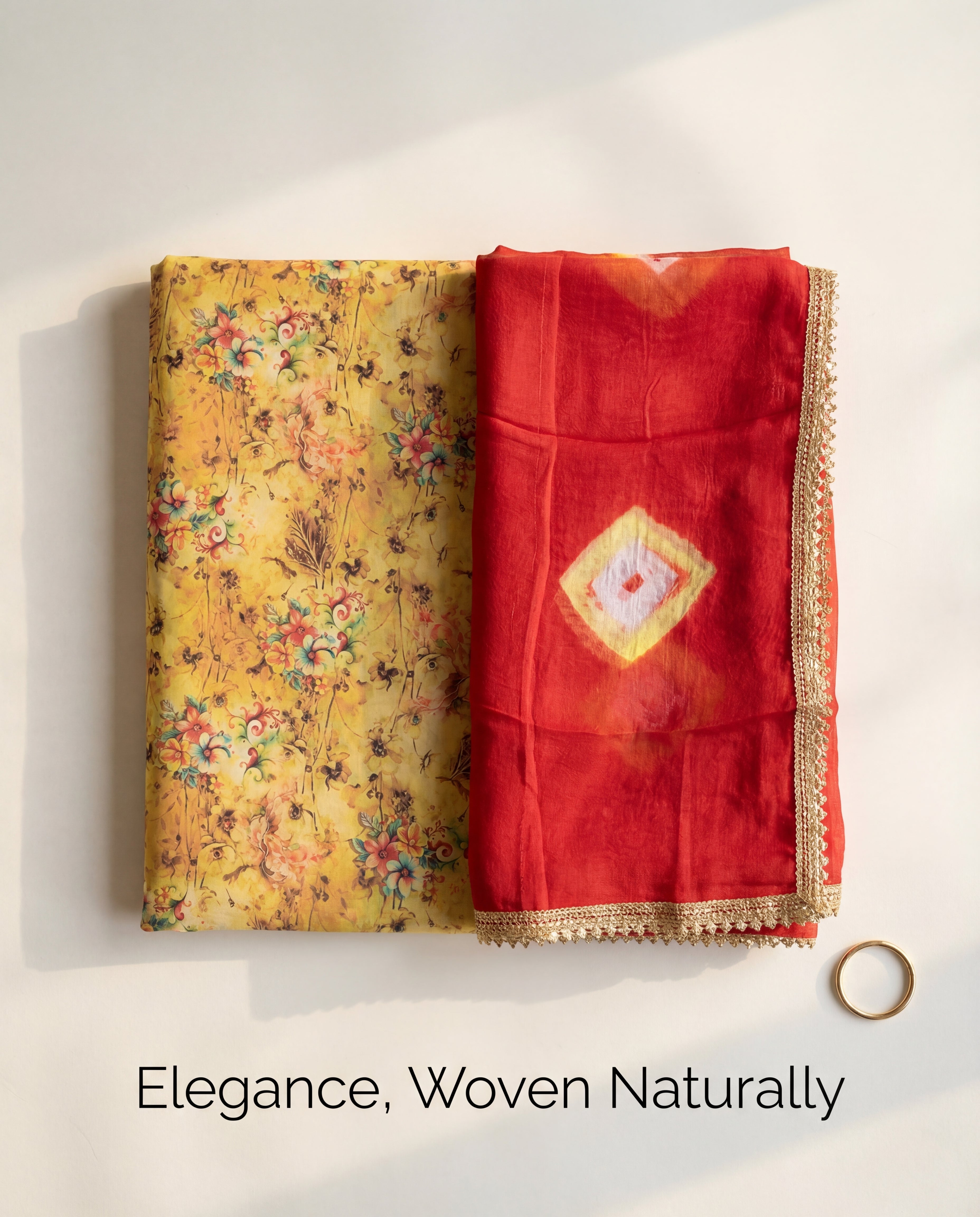 'Kesar' - Mustard Yellow Floral Rajputi Suit Set + Red Bandhej Odhani