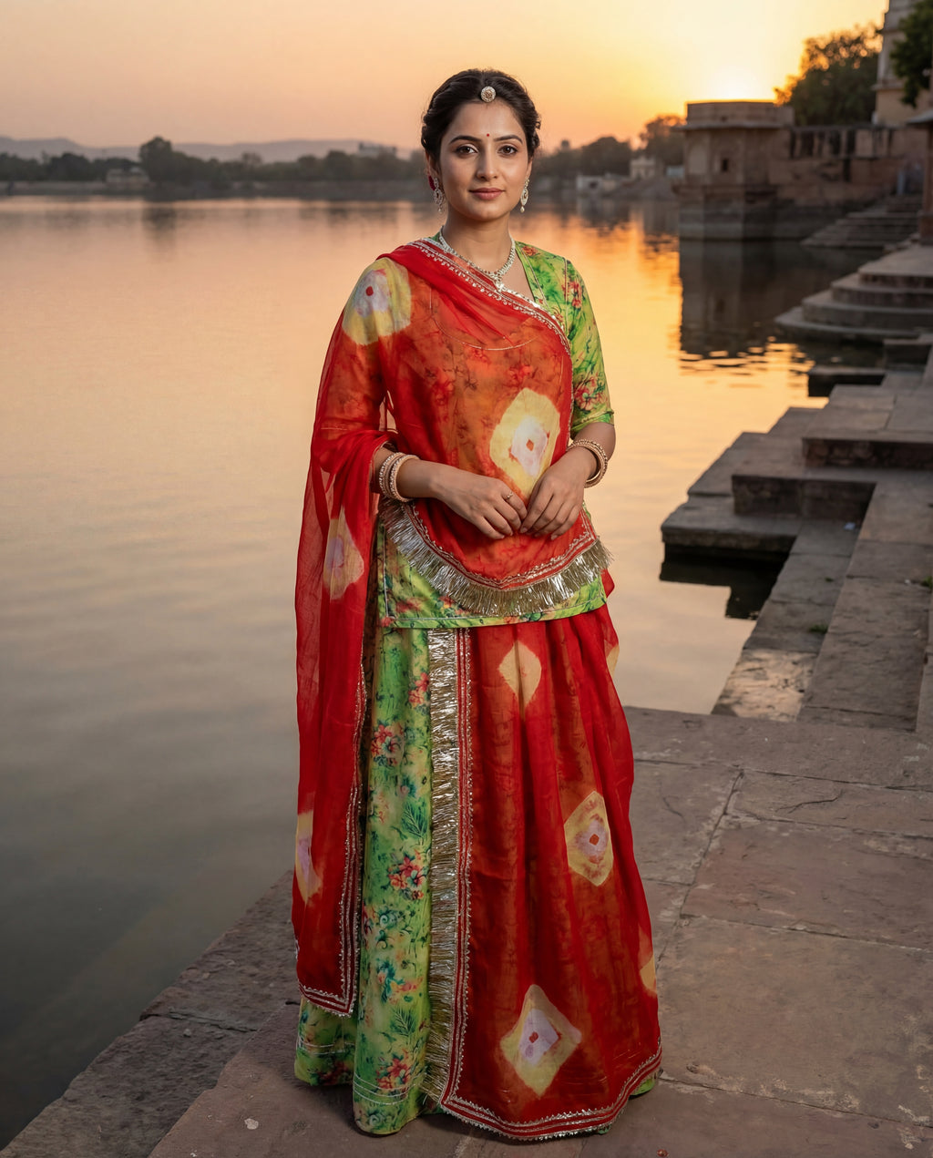 'Dhani' - Parrot Green Floral Print Rajputi Suit Set + Red Bandhej Style Odhani