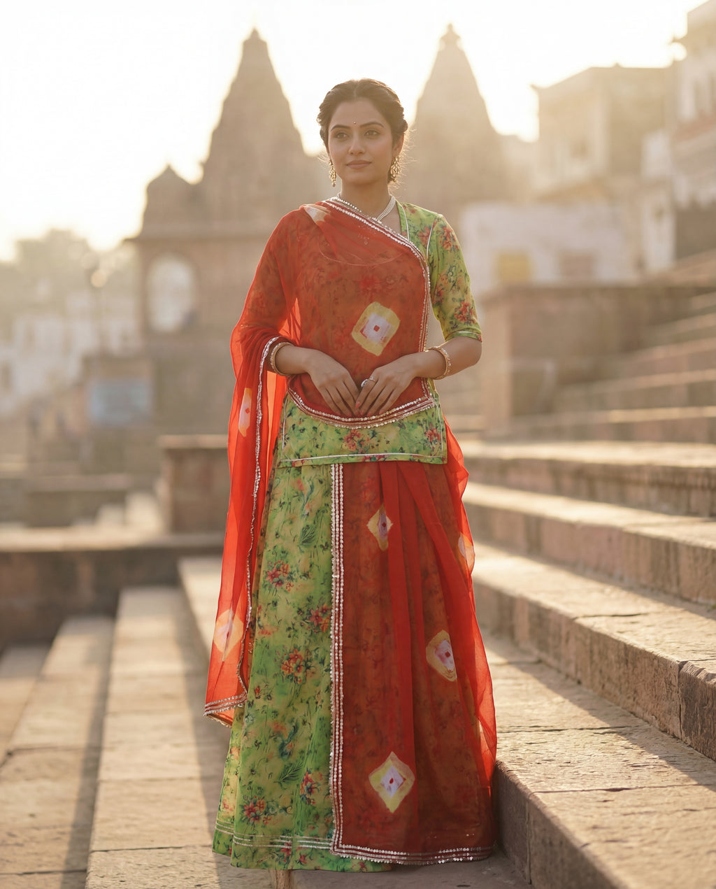 'Dhani' - Parrot Green Floral Print Rajputi Suit Set + Red Bandhej Style Odhani
