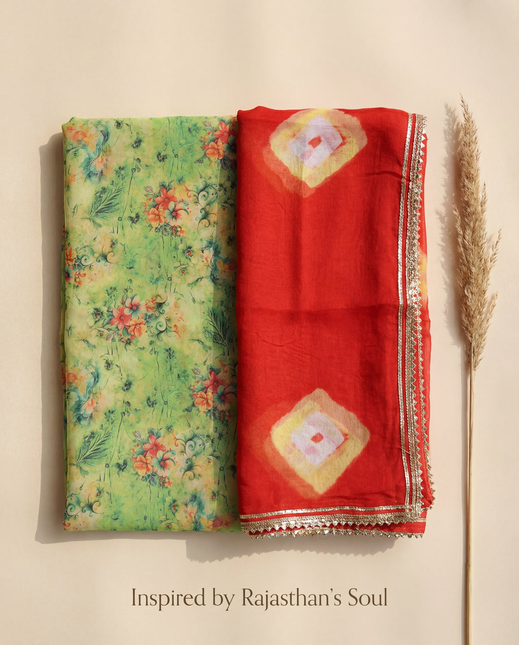 'Dhani' - Parrot Green Floral Print Rajputi Suit Set + Red Bandhej Style Odhani