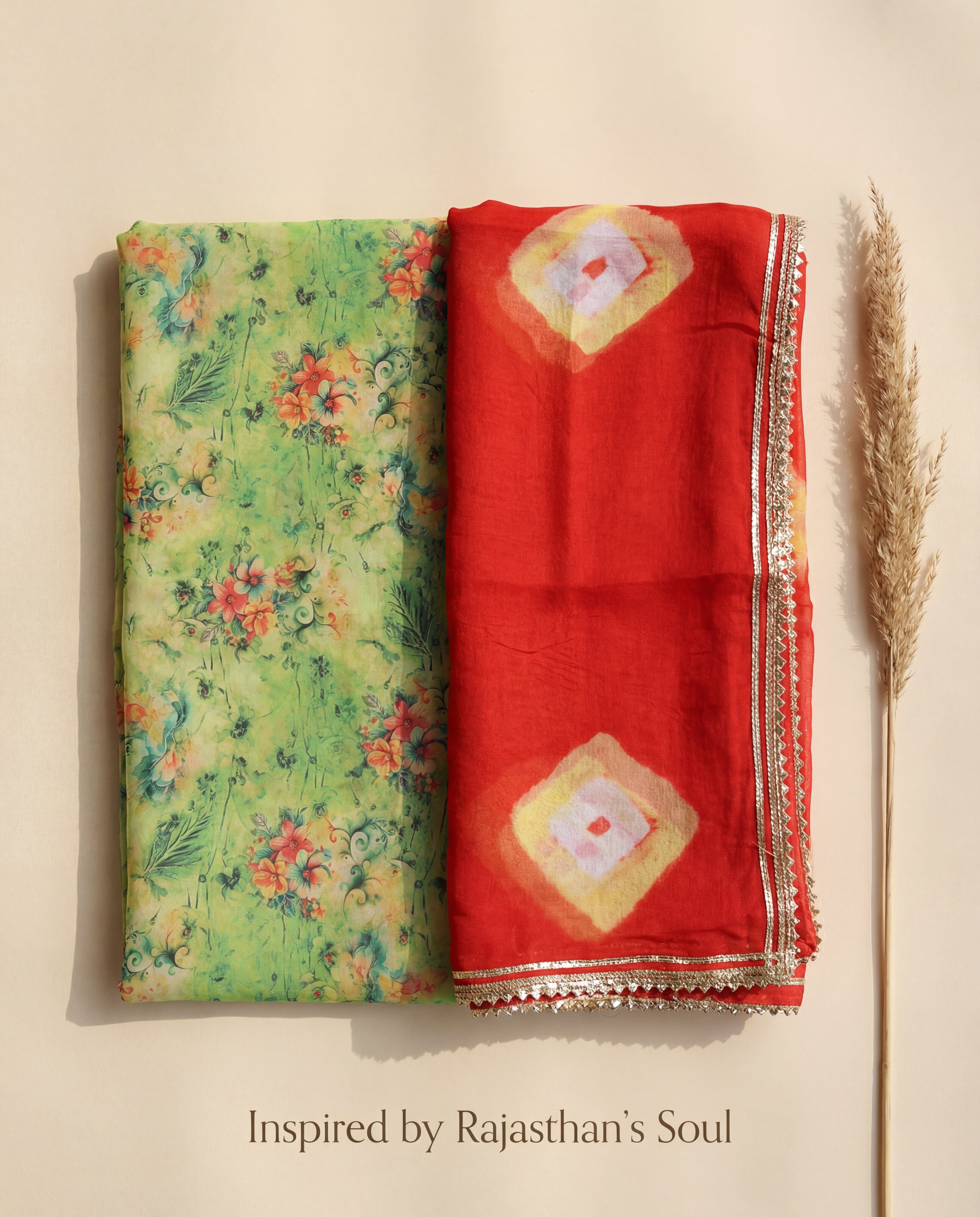 'Dhani' - Parrot Green Floral Print Rajputi Suit Set + Red Bandhej Style Odhani