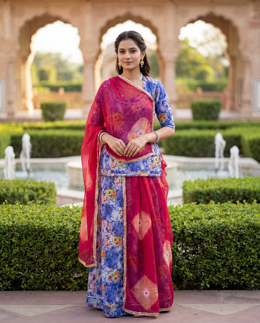 'Neelambari' - Indigo Blue Floral Print Rajputi Suit Set + Rani Pink Bandhani Odhani