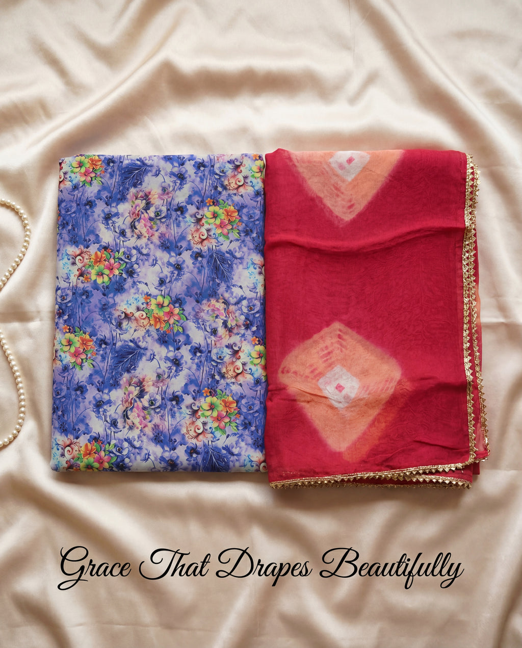 'Neelambari' - Indigo Blue Floral Print Rajputi Suit Set + Rani Pink Bandhani Odhani