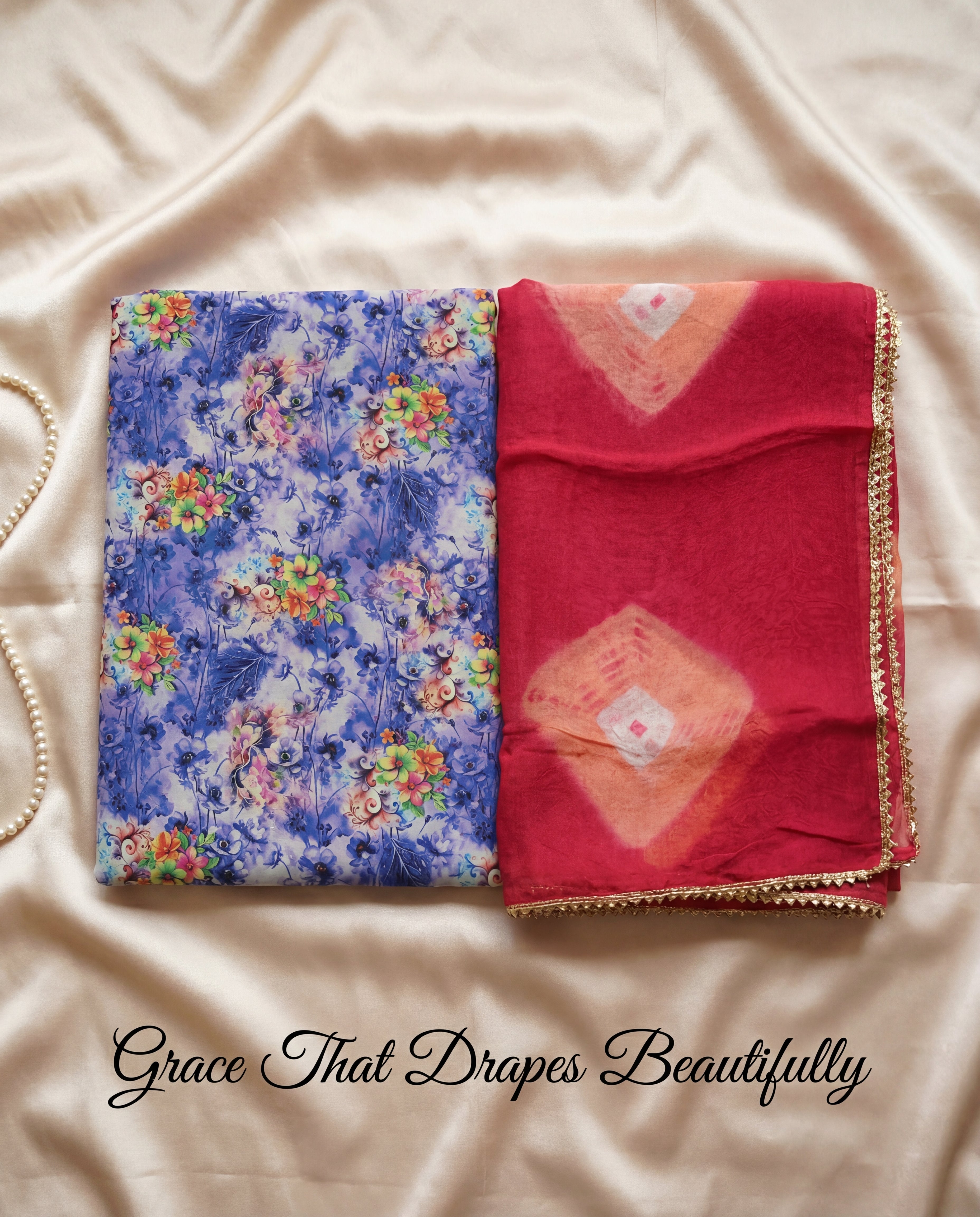 'Neelambari' - Indigo Blue Floral Print Rajputi Suit Set + Rani Pink Bandhani Odhani