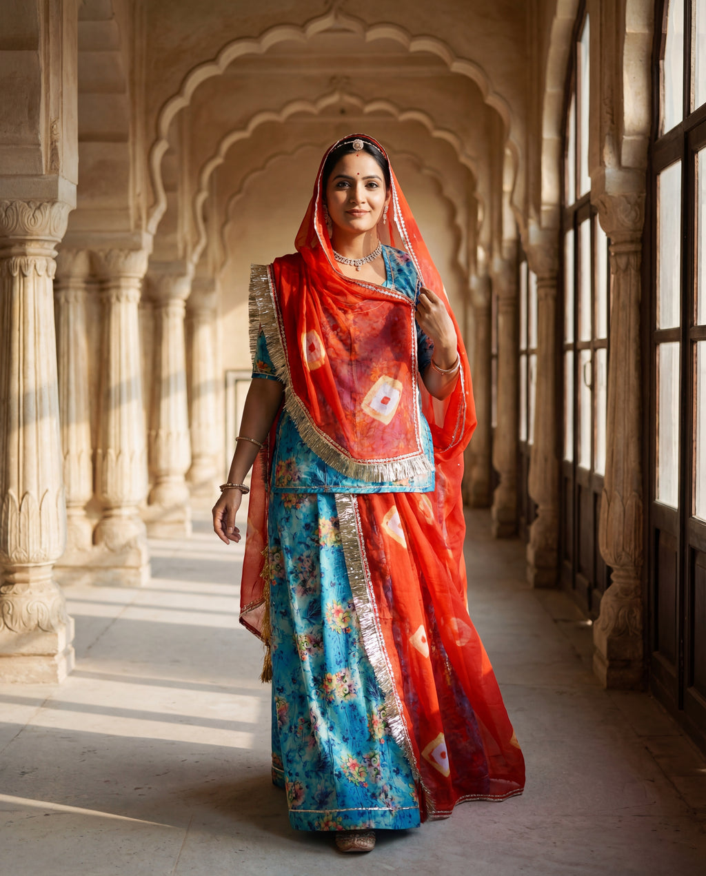 'Neelam' - Sky Blue Floral Print Rajputi Suit Set + Red Bandhani Pattern Odhani