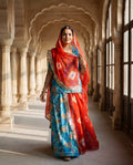'Neelam' - Sky Blue Floral Print Rajputi Suit Set + Red Bandhani Pattern Odhani
