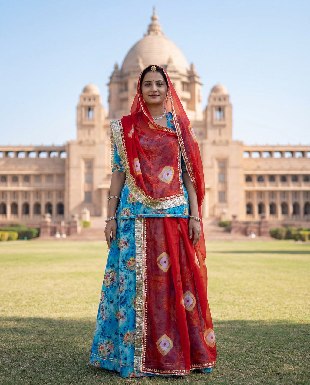 'Neelam' - Sky Blue Floral Print Rajputi Suit Set + Red Bandhani Pattern Odhani