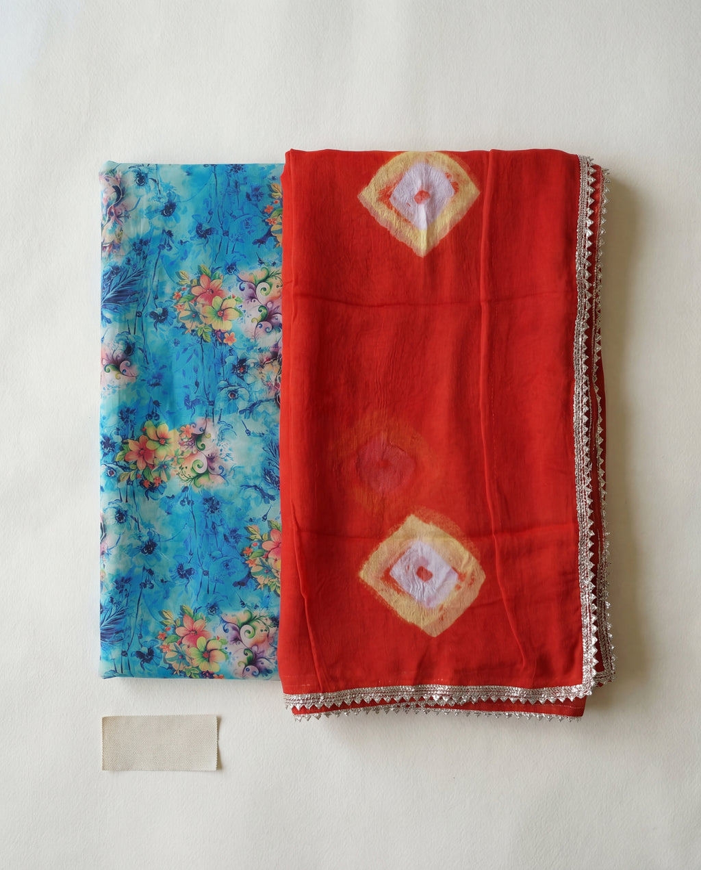 'Neelam' - Sky Blue Floral Print Rajputi Suit Set + Red Bandhani Pattern Odhani