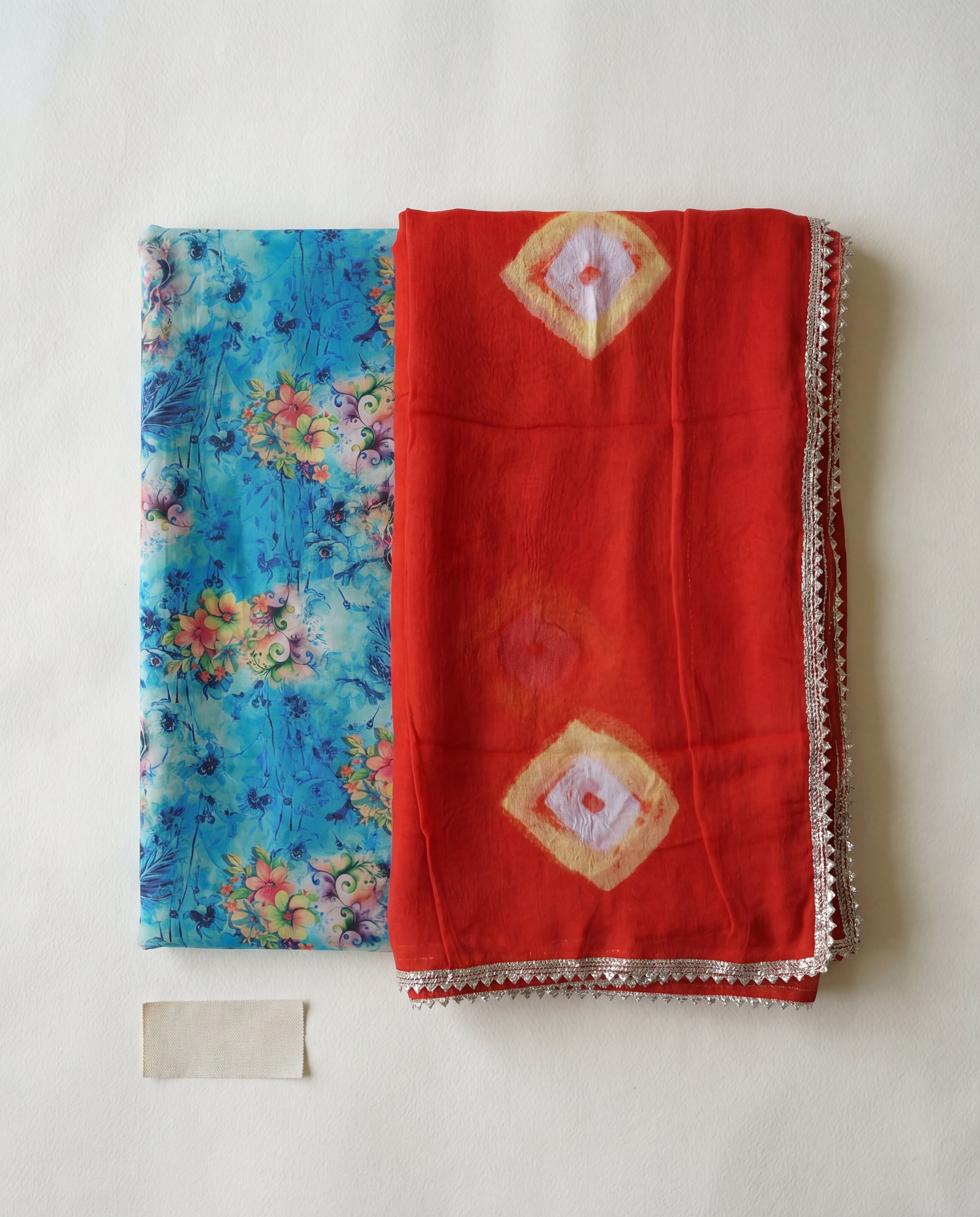 'Neelam' - Sky Blue Floral Print Rajputi Suit Set + Red Bandhani Pattern Odhani