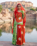 'Panna' - Parrot Green Floral Print Rajputi Suit Set + Red Bandhej Odhani