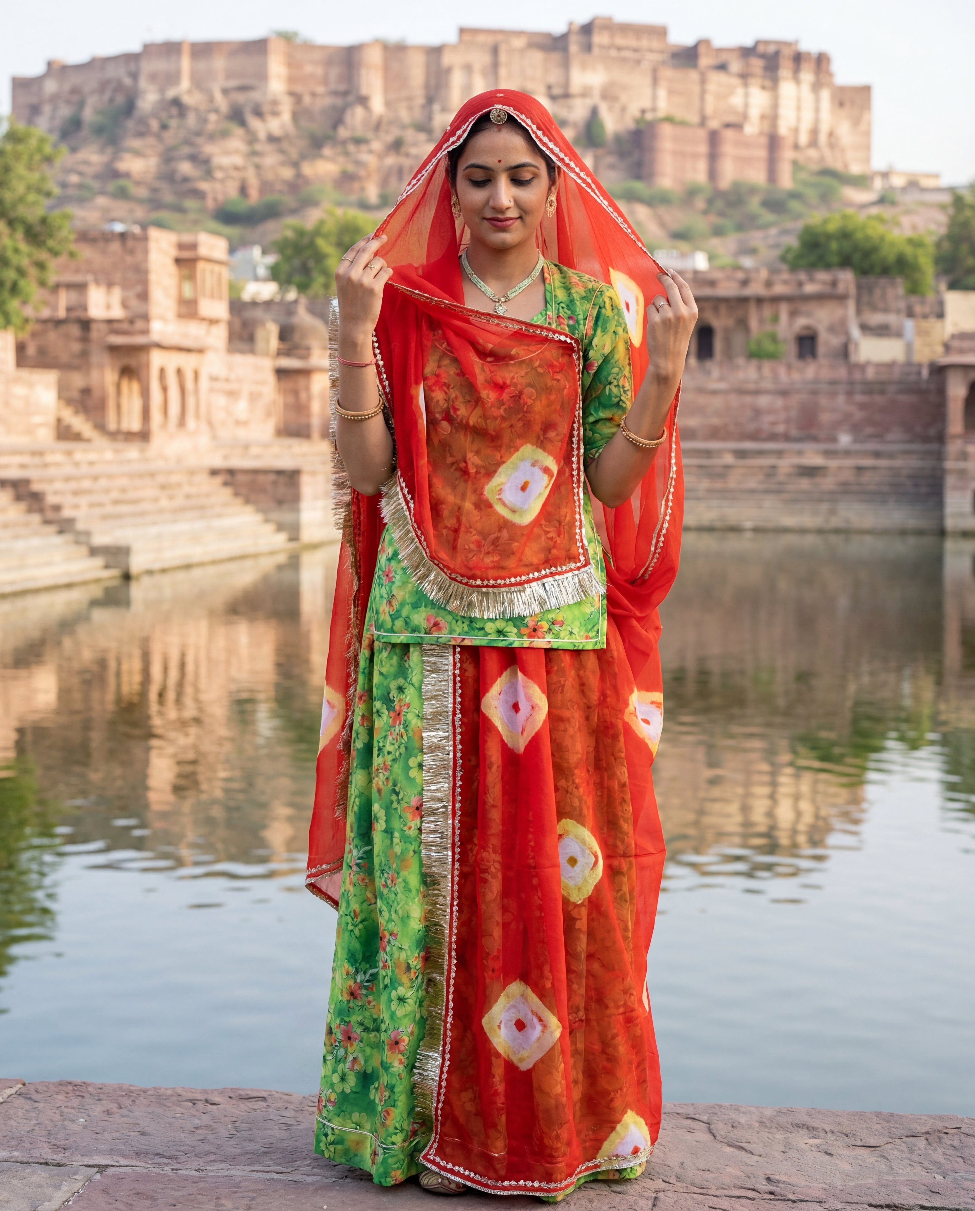 'Panna' - Parrot Green Floral Print Rajputi Suit Set + Red Bandhej Odhani