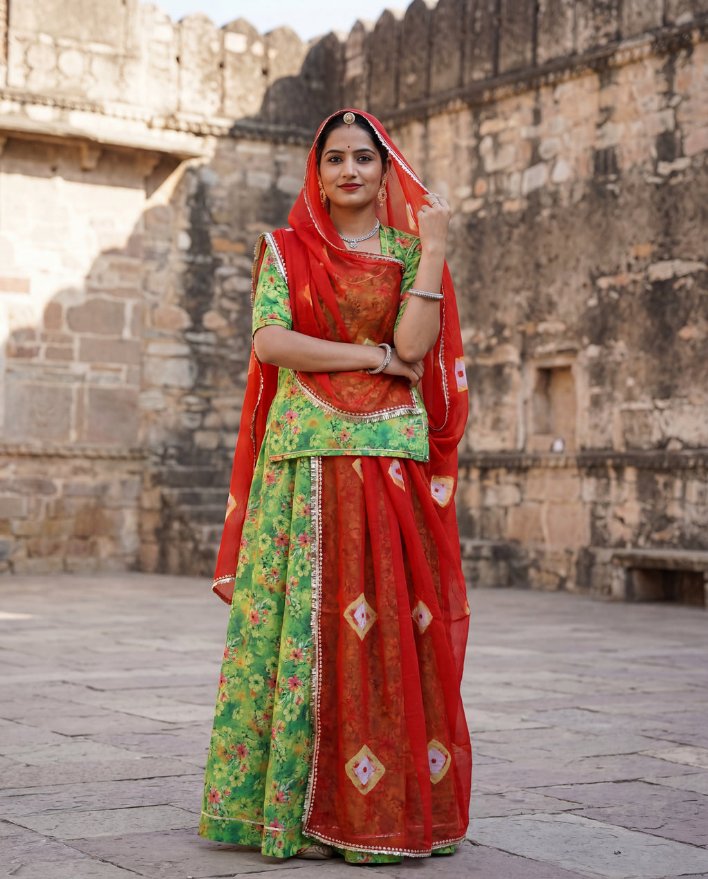 'Panna' - Parrot Green Floral Print Rajputi Suit Set + Red Bandhej Odhani
