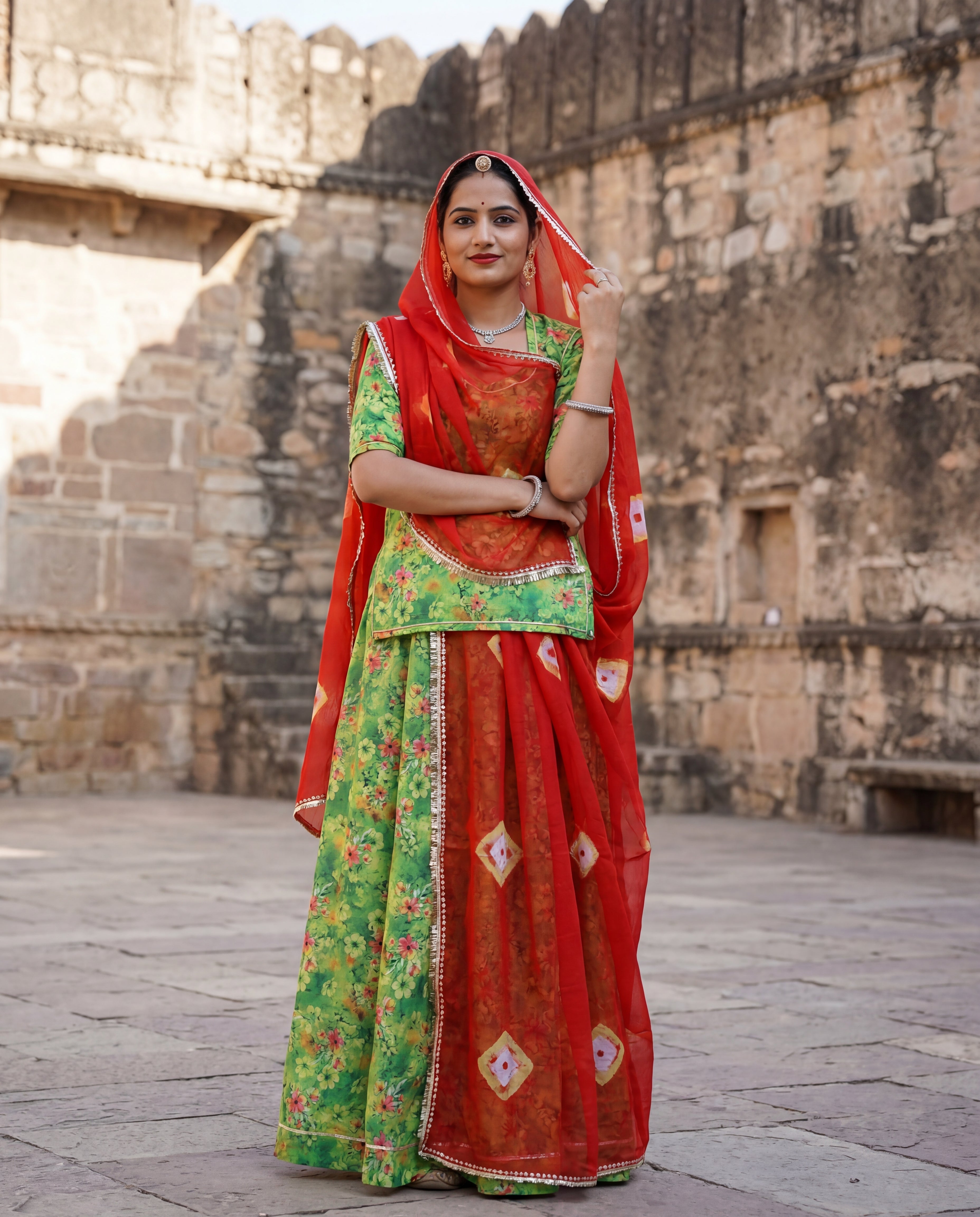 'Panna' - Parrot Green Floral Print Rajputi Suit Set + Red Bandhej Odhani