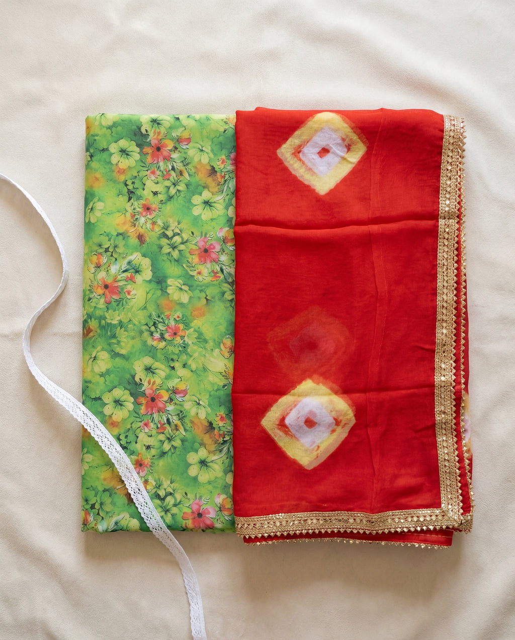 'Panna' - Parrot Green Floral Print Rajputi Suit Set + Red Bandhej Odhani