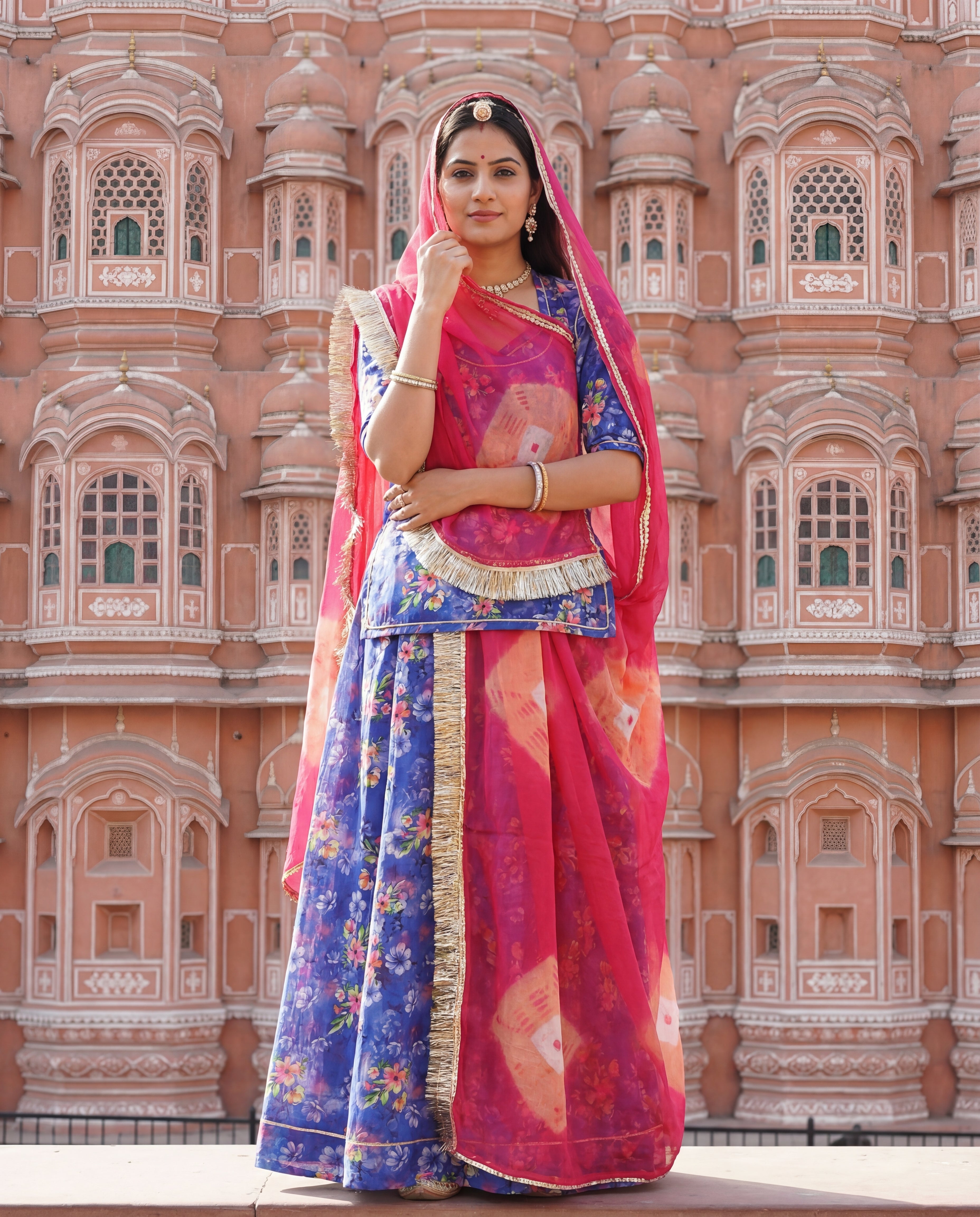 'Neelam' - Deep Blue Floral Print Rajputi Suit Set + Gajari Red Bandhani Odhani