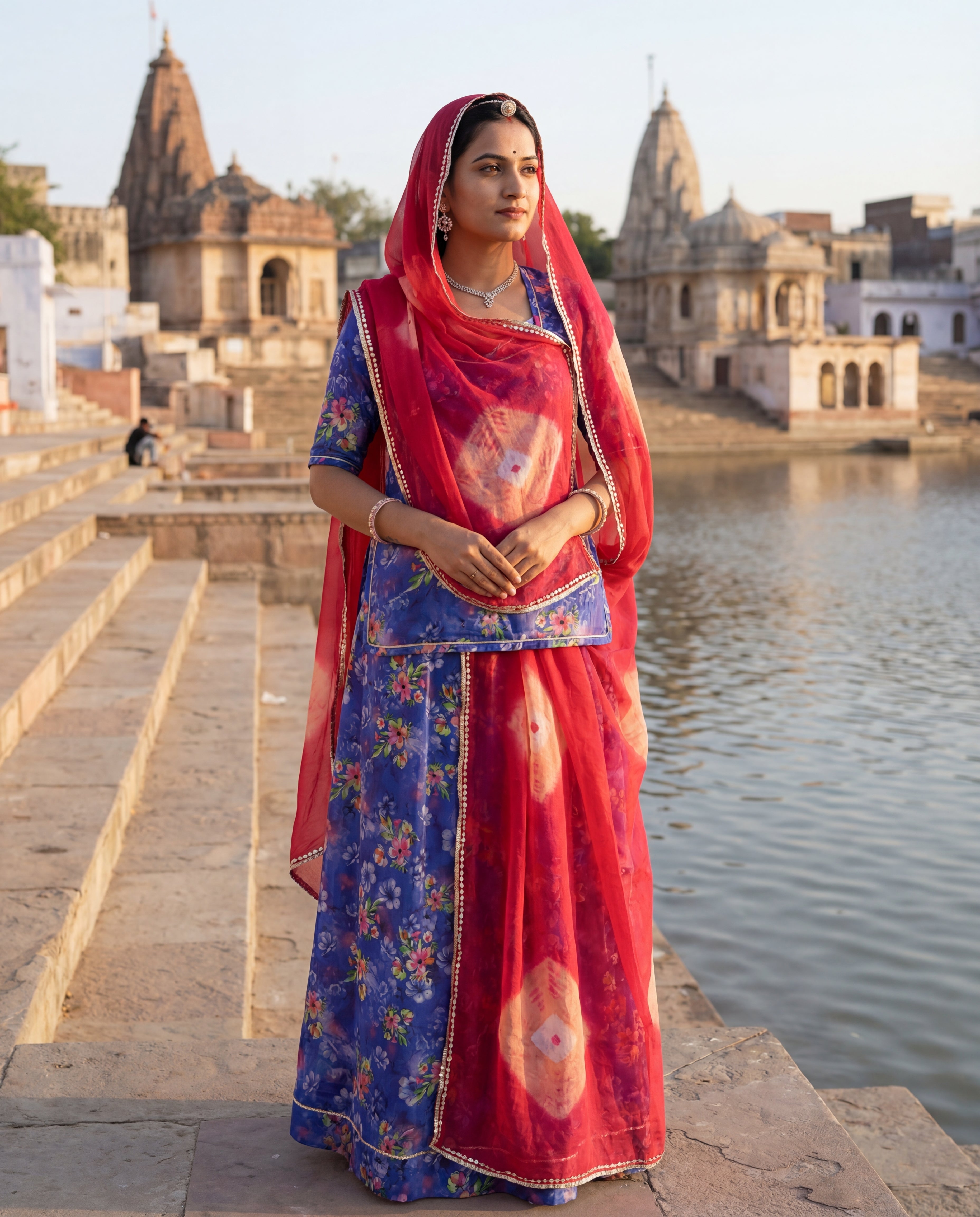 'Neelam' - Deep Blue Floral Print Rajputi Suit Set + Gajari Red Bandhani Odhani