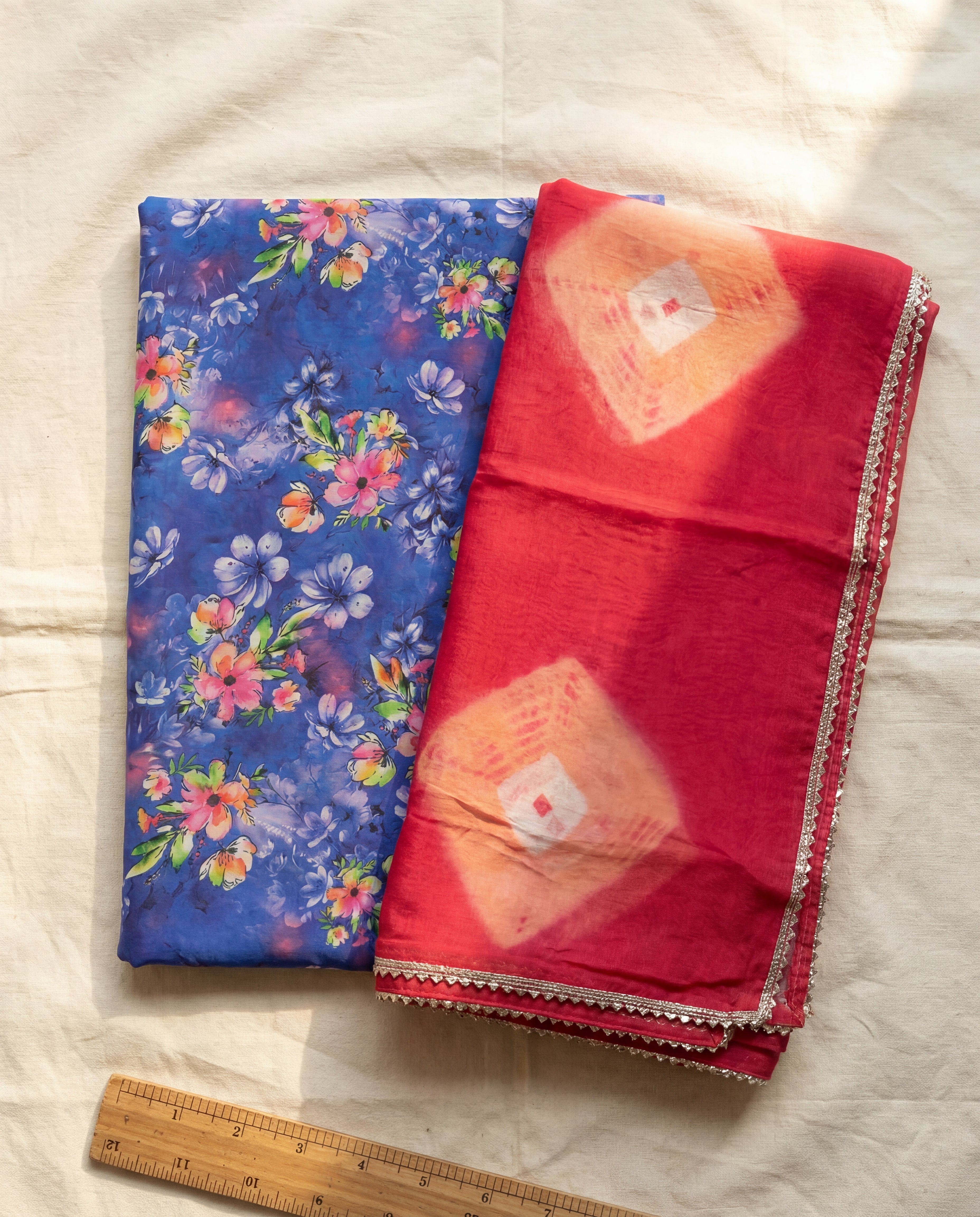 'Neelam' - Deep Blue Floral Print Rajputi Suit Set + Gajari Red Bandhani Odhani