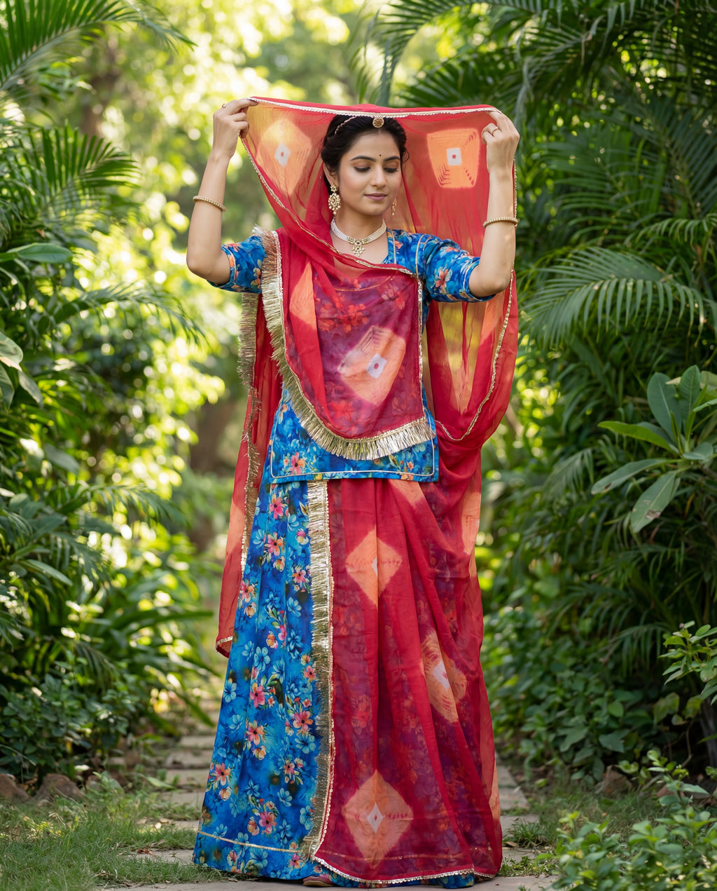 'Neelam' - Royal Blue Multi-Floral Rajputi Suit Set + Maroon Bandhani Odhani