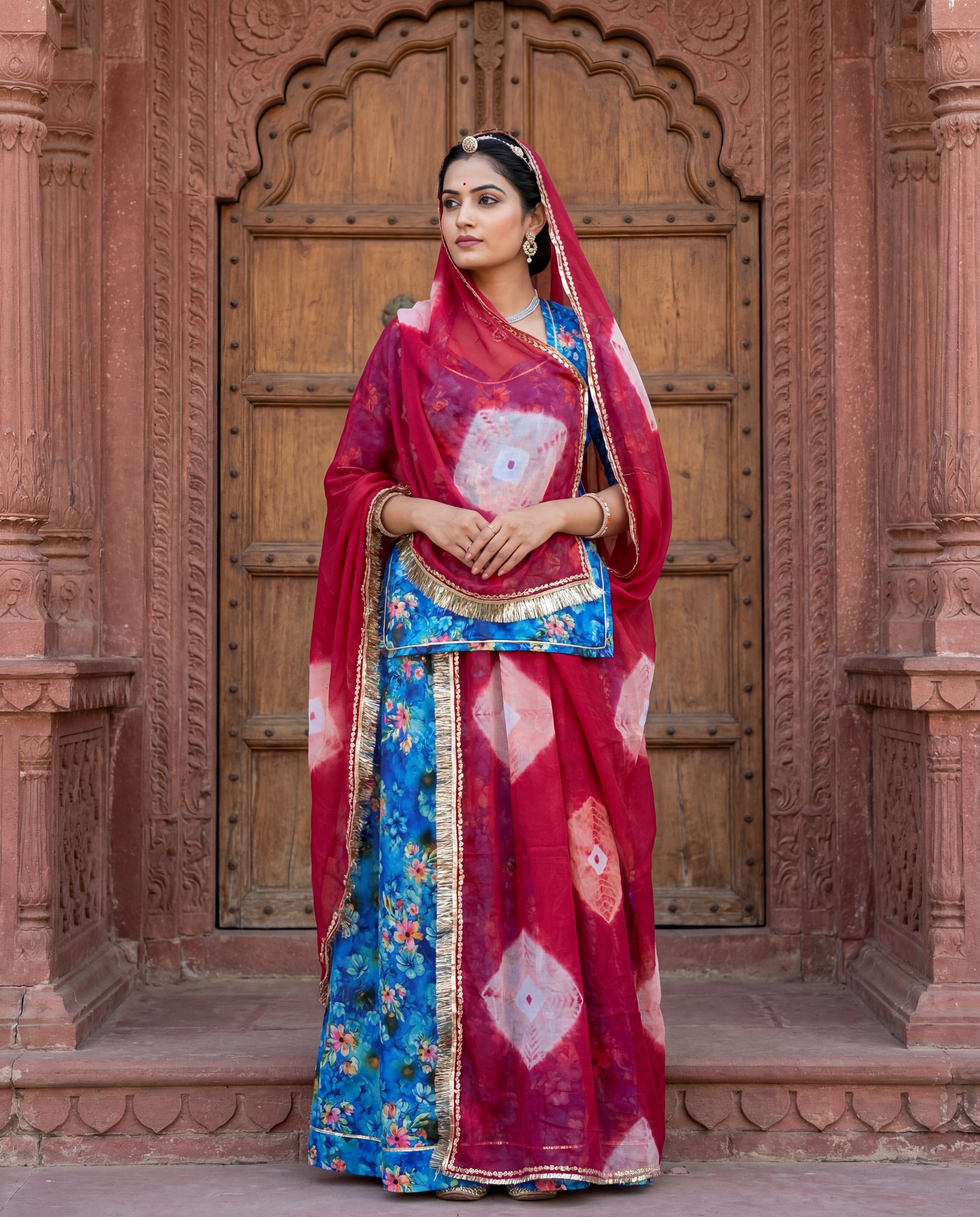 'Neelam' - Royal Blue Multi-Floral Rajputi Suit Set + Maroon Bandhani Odhani