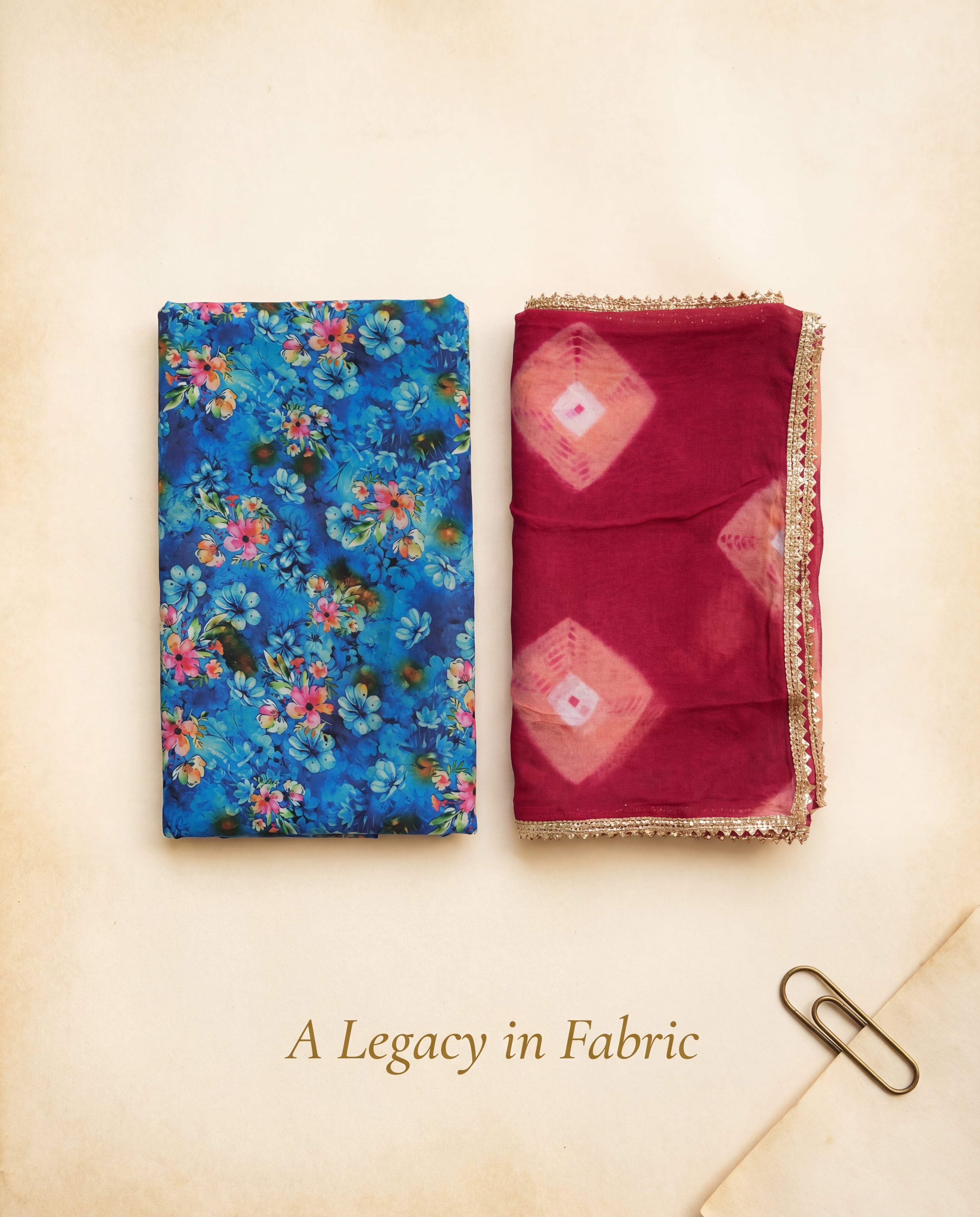 'Neelam' - Royal Blue Multi-Floral Rajputi Suit Set + Maroon Bandhani Odhani