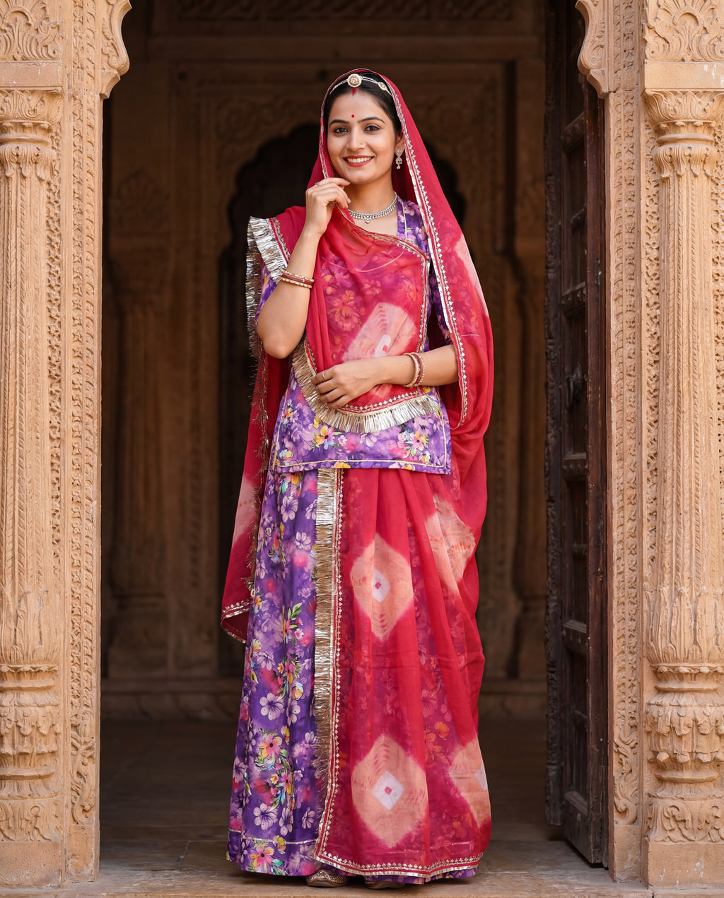 'Jamuni' - Deep Purple Floral Print Rajputi Suit Set + Rani Pink Shaded Odhani