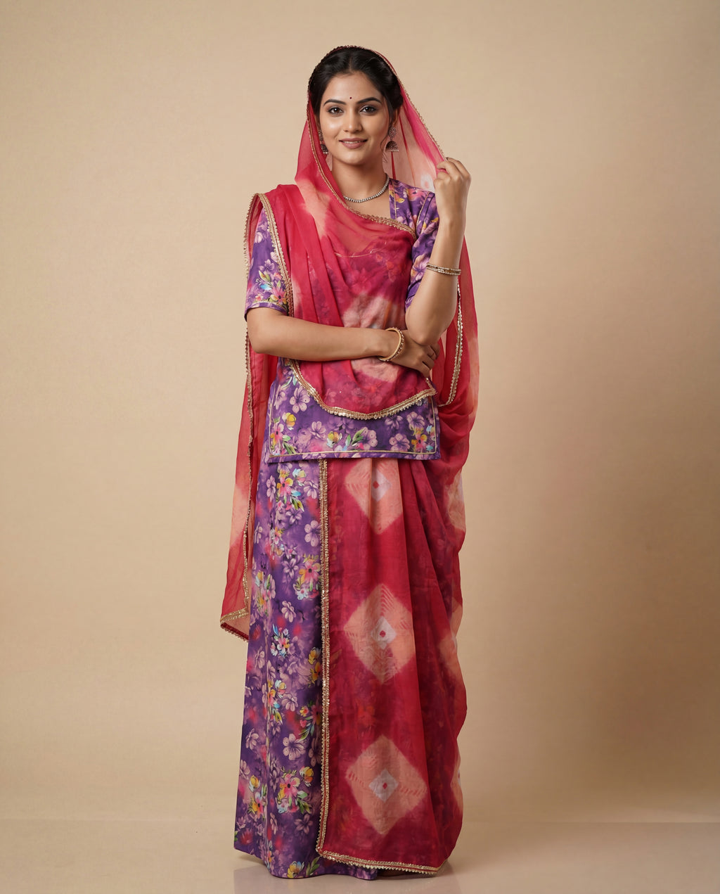 'Jamuni' - Deep Purple Floral Print Rajputi Suit Set + Rani Pink Shaded Odhani