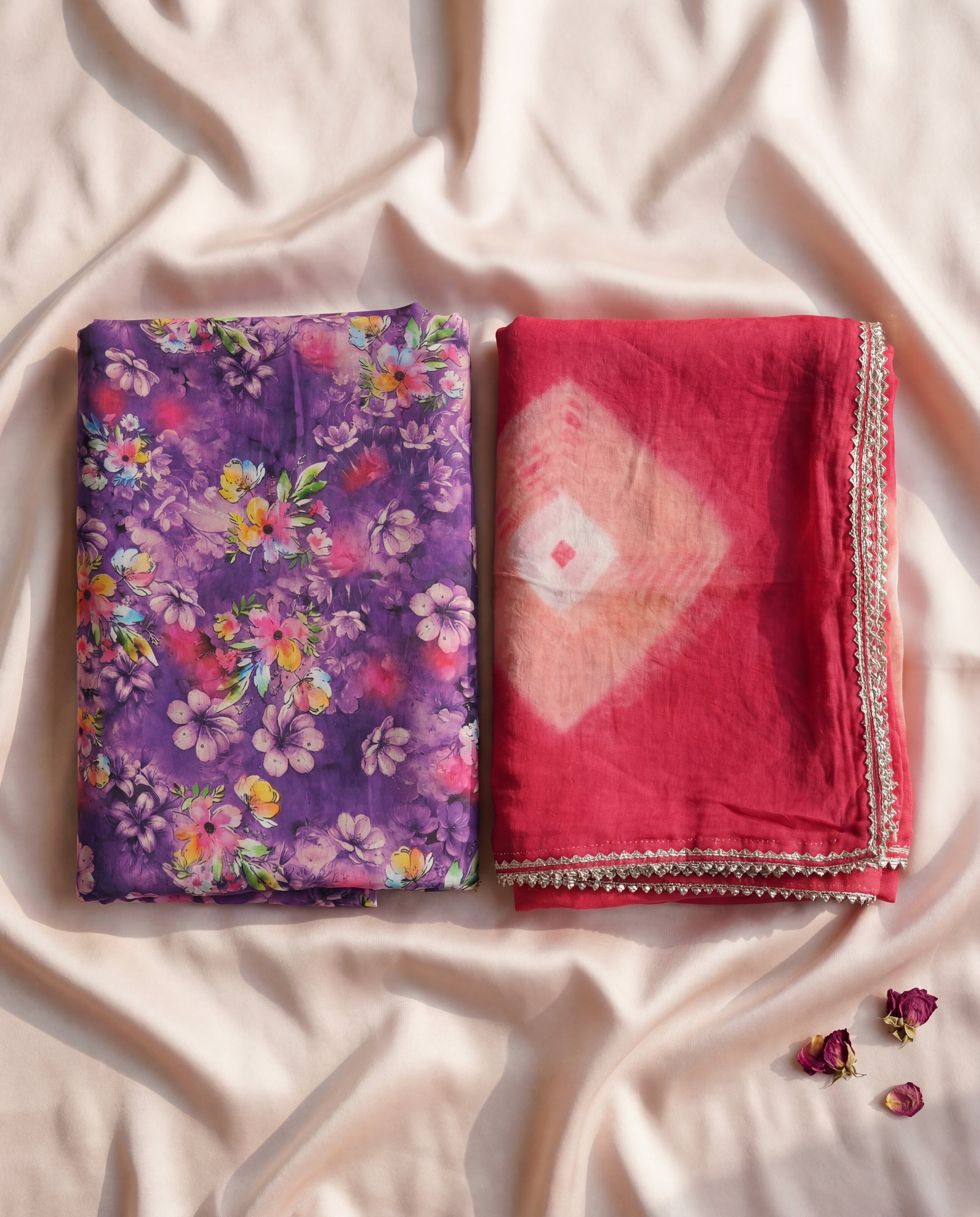 'Jamuni' - Deep Purple Floral Print Rajputi Suit Set + Rani Pink Shaded Odhani