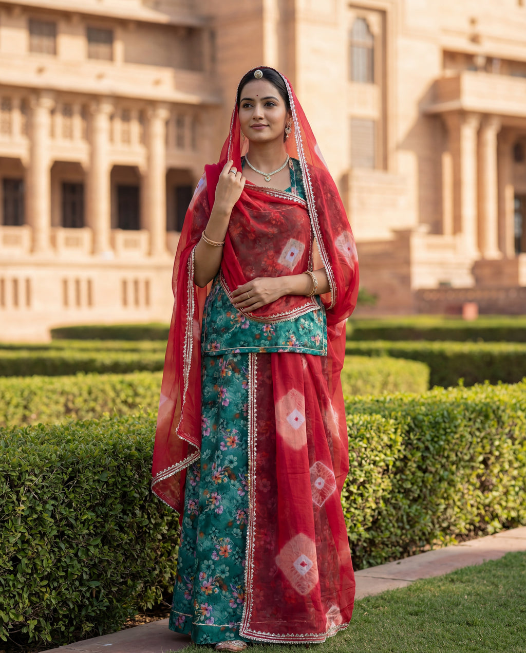 'Panna' - Emerald Green Floral Print Rajputi Suit Set + Crimson Red Tie-Dye Odhani